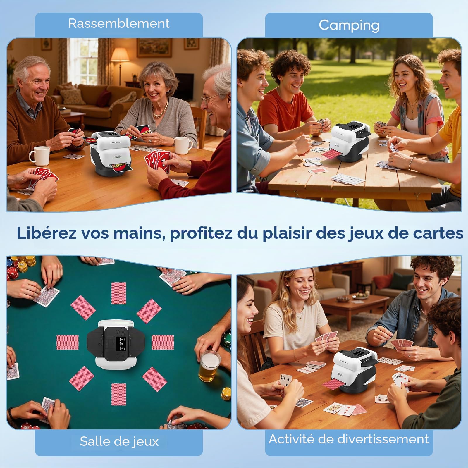 Mélangeur de cartes automatique 2-en-1 et machine à distribuer pour 2-8 joueurs, rotation à 360 degrés, dés intégrés, batterie 5000mAh, 5 modes de jeu pour Texas Hold'em et Blackjack (2-EN-1