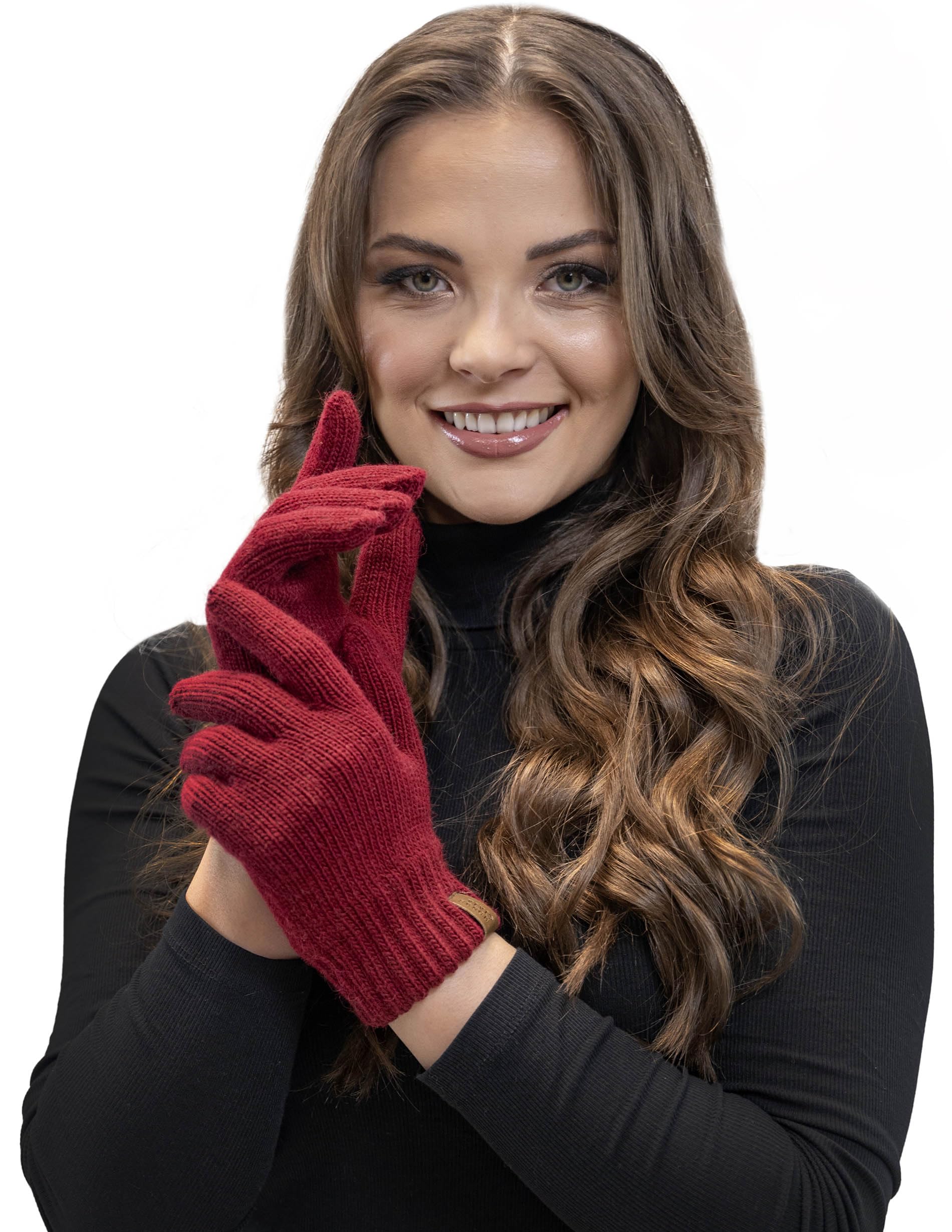 Vivisence Stylish Classic Five-Finger Women's Winter Gloves Made Of Warm And Soft Yarn With Wide Ribbed Cuff Perfect For Cold Winter Days Providing Comfort And Warmth, Maroon,UNI