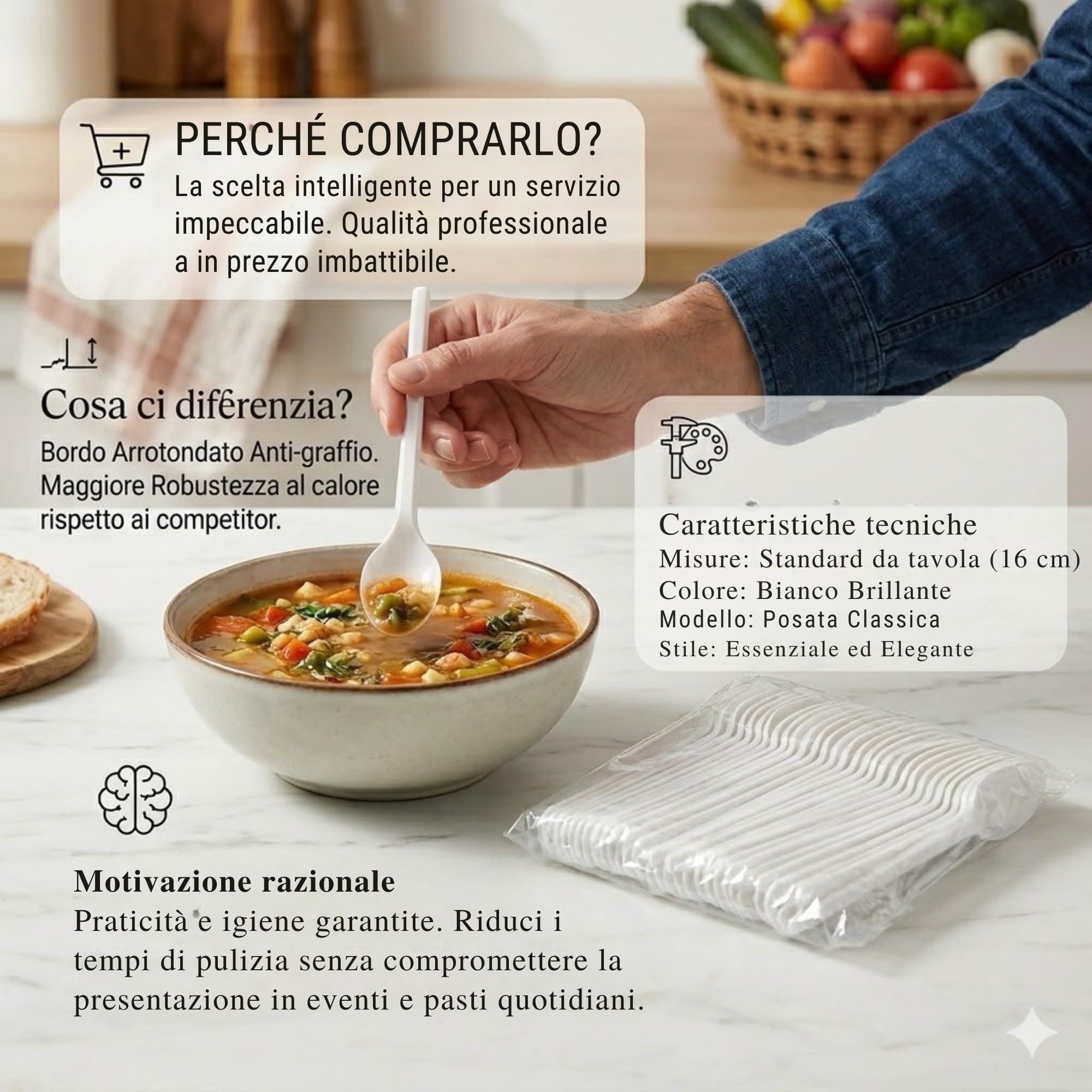Cucchiai Riutilizzabili CPLA 16 cm Bianco, Posate Ecologiche Resistenti per Catering