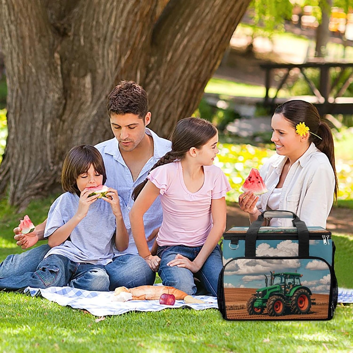 Insulated Picnic Backpack Tote Bag, Large Capacity 30L Tractor Under Blue and White Clouds Cooler Bag Leakproof Beach Bags Portable Lunch Box Waterproof Picnic Basket for Beach Camping BBQ