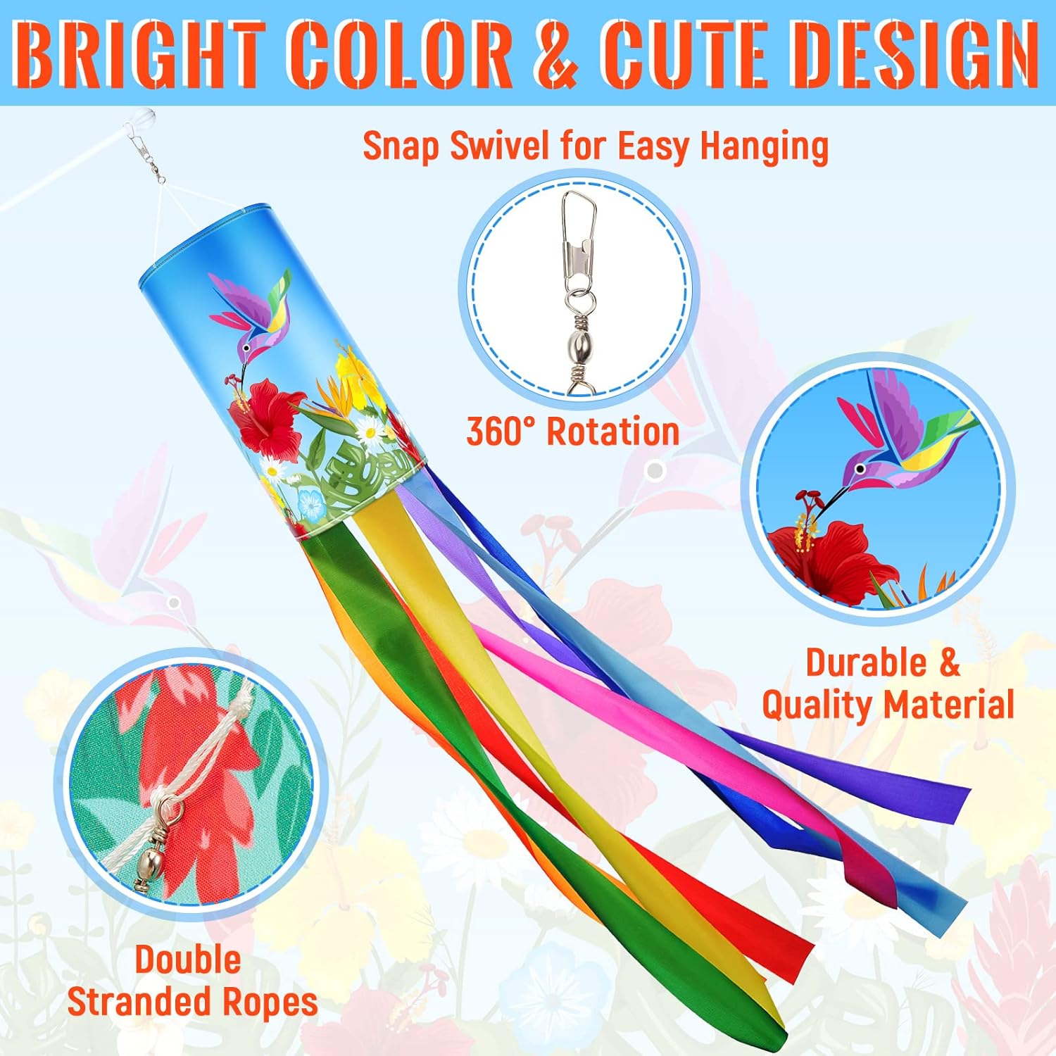Newwiee 8 Pcs Wind Socks for Outside Heavy Duty 40 Inches Decorative Spring Summer 4th of July Hummingbird Windsock with Streamers Hanging Decor for Wall Tree Front Patio Lawn Garden
