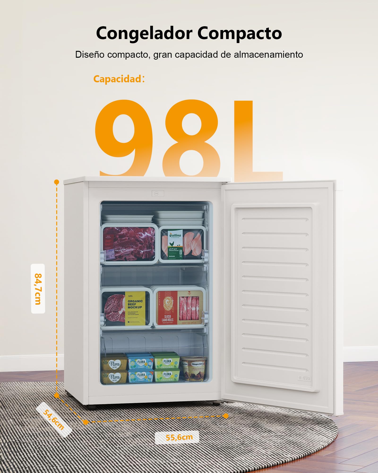 Upstreman 98L Congelador, Arcongelador con 3 Cajones, Enfriamiento de Cuatro Estrellas, Compacto Congelador con Cajones, UF98-Blanco