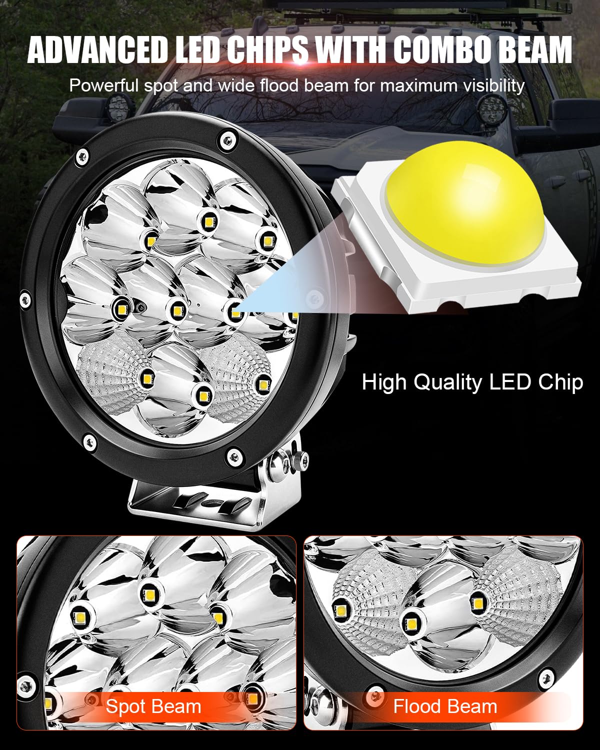 Chelhead Reflektor roboczy LED okrągły 50 W, 5,7 cala, 6500 lm, reflektor punktowy i floodowy, wodoodporny IP68, zestaw okablowania 1 mm², kompatybilny z 10-30 V DC quad SSV SUV pickup (biały)