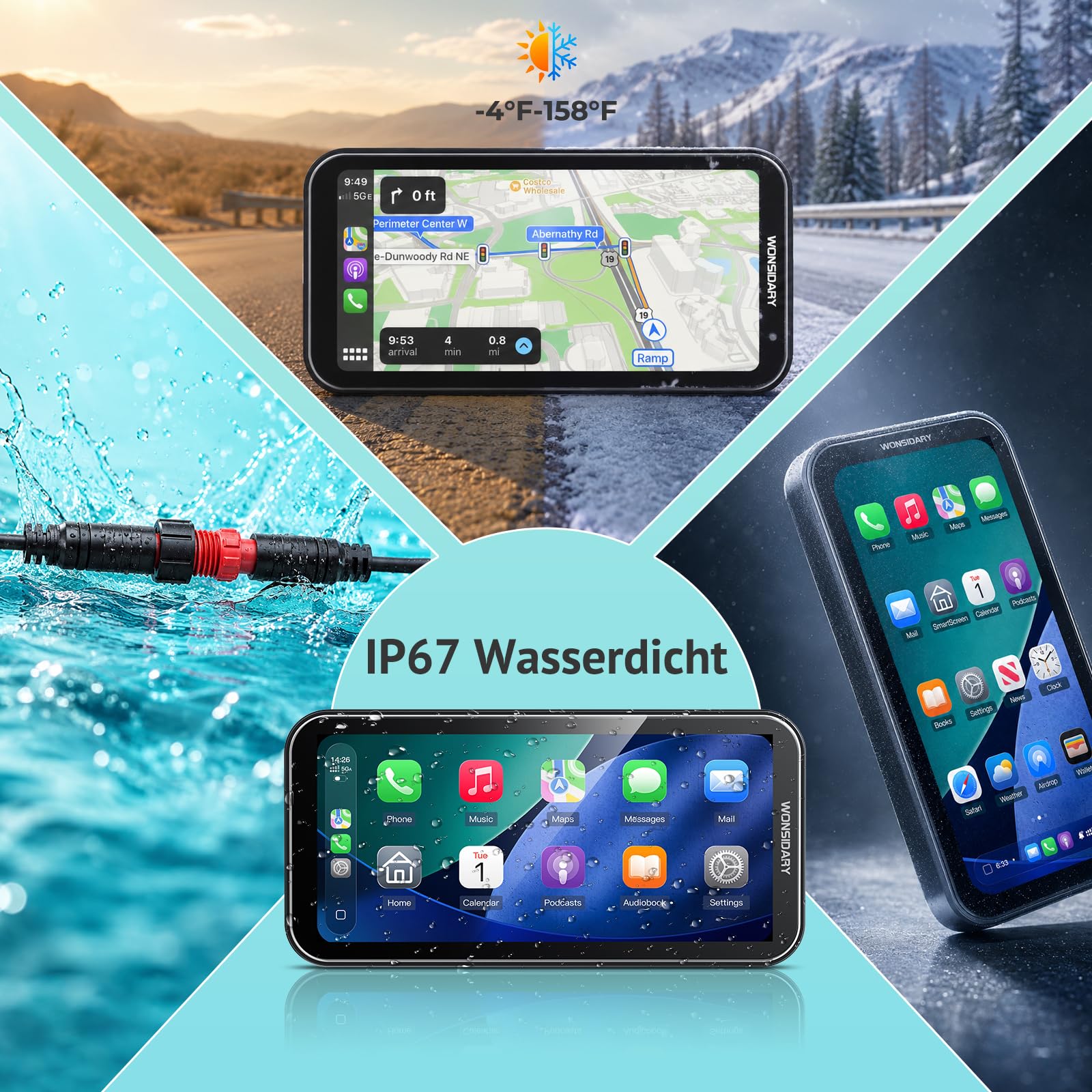 Motorrad CarPlay Display mit TPMS, Android Auto & Wasserdicht | 6,25 Zoll Motorrad Navi mit Lichtsensor, Dual-Bluetooth, OTA Updates, USB und ACC Anschluss für Motorradtouren