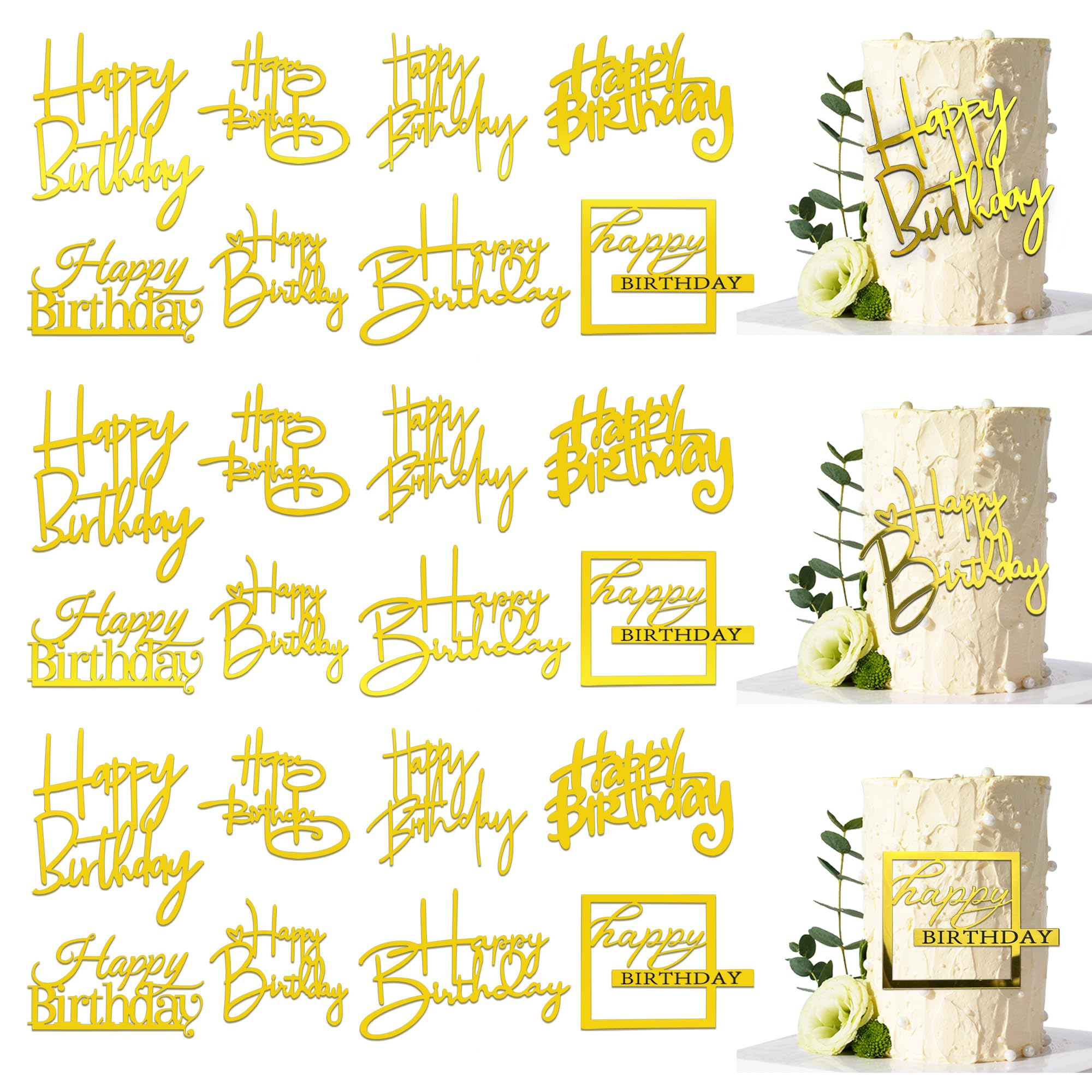 24 PCS Gold Happy Birthday Cake Toppers Mirror Acrylic Side Cake Decorations 8 Styles