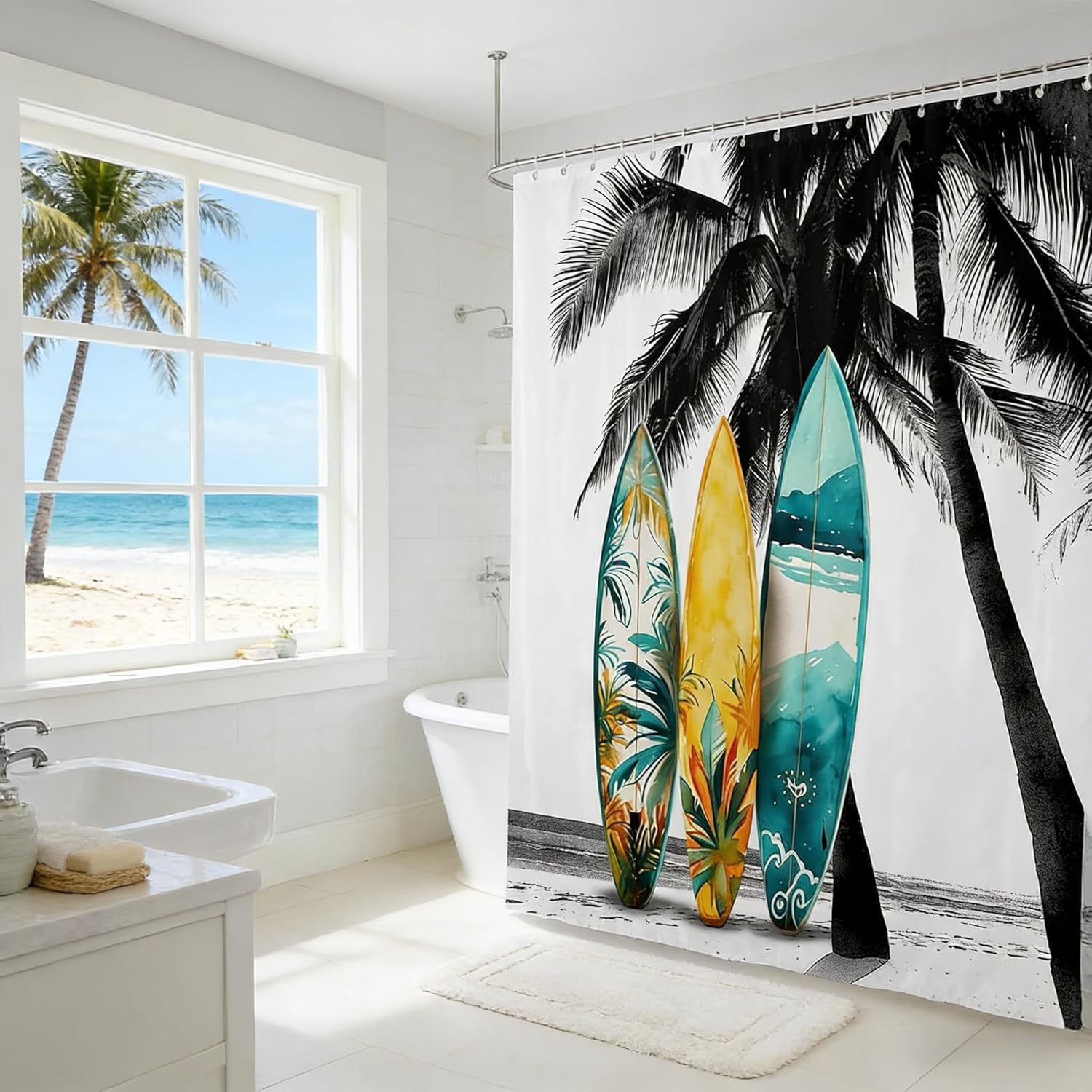 Castle Fairy Surfboard Shower Curtain Tropical Coconut Tree Bathroom Curtain Hawaiian Ocean Beach Barn Door Waterproof Curtain for Kids Adult Room Decor Sea Surfing Sports Bath Curtain