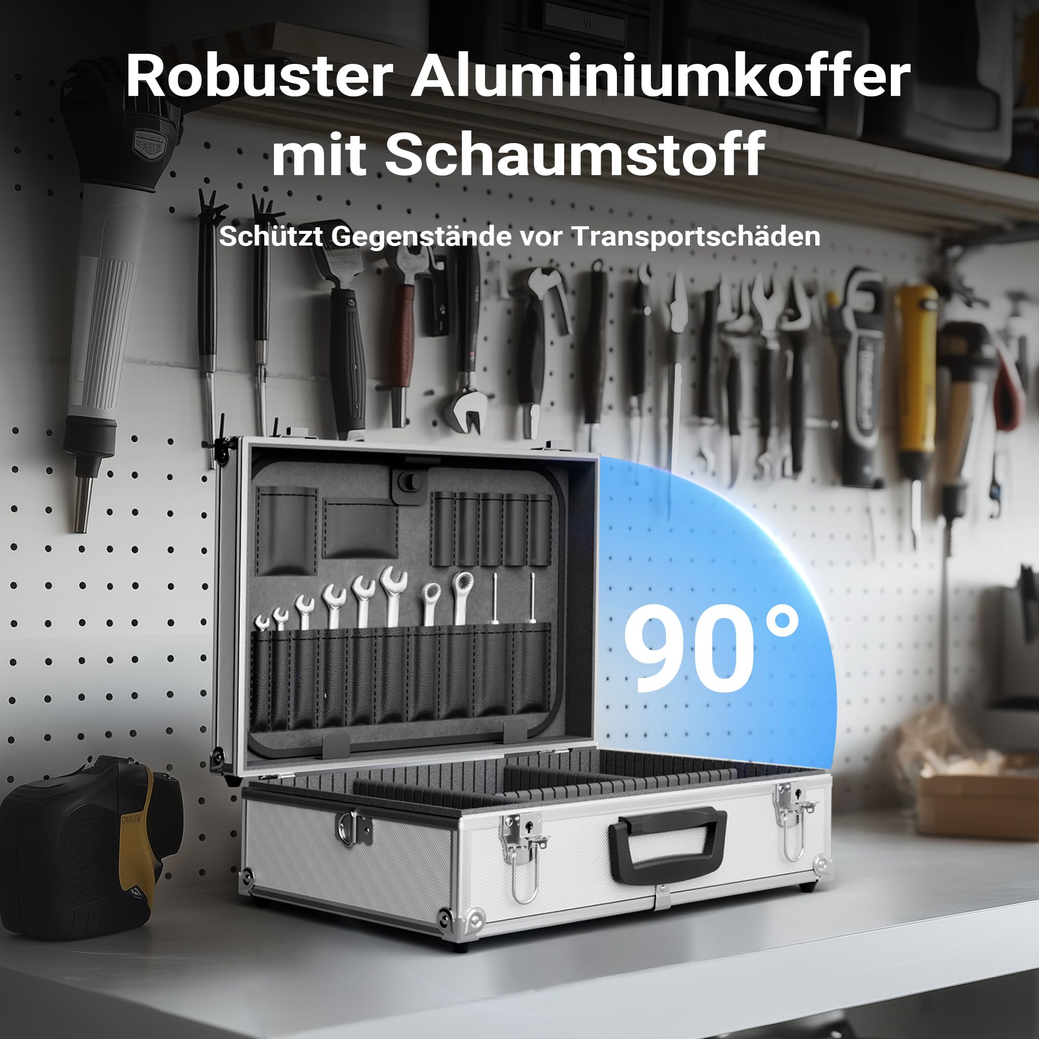 Wiltec Alu Universalkoffer 46x33x15,2 cm, Alubox abschließbar für Aufbewahrung und Transport von Werkzeug, Messgeräten usw., mit Griff und Tragegurt