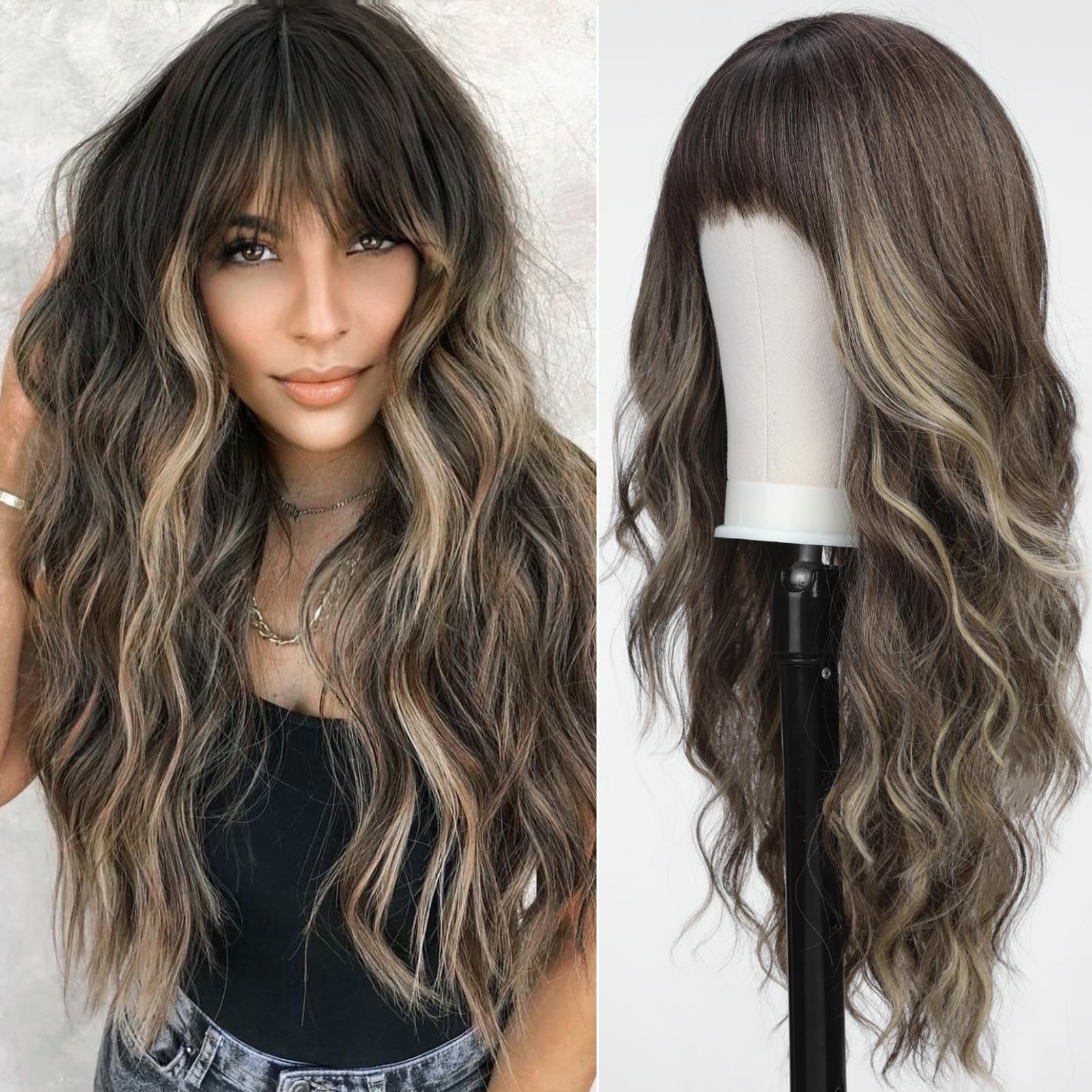 KOME Ombre Brown Wigs with Bangs,Brown Highlight Long Wavy Wig for Women,Long Curly Wigs Synthetic Hair Wig for Party Cosplay Daily Use 24IN