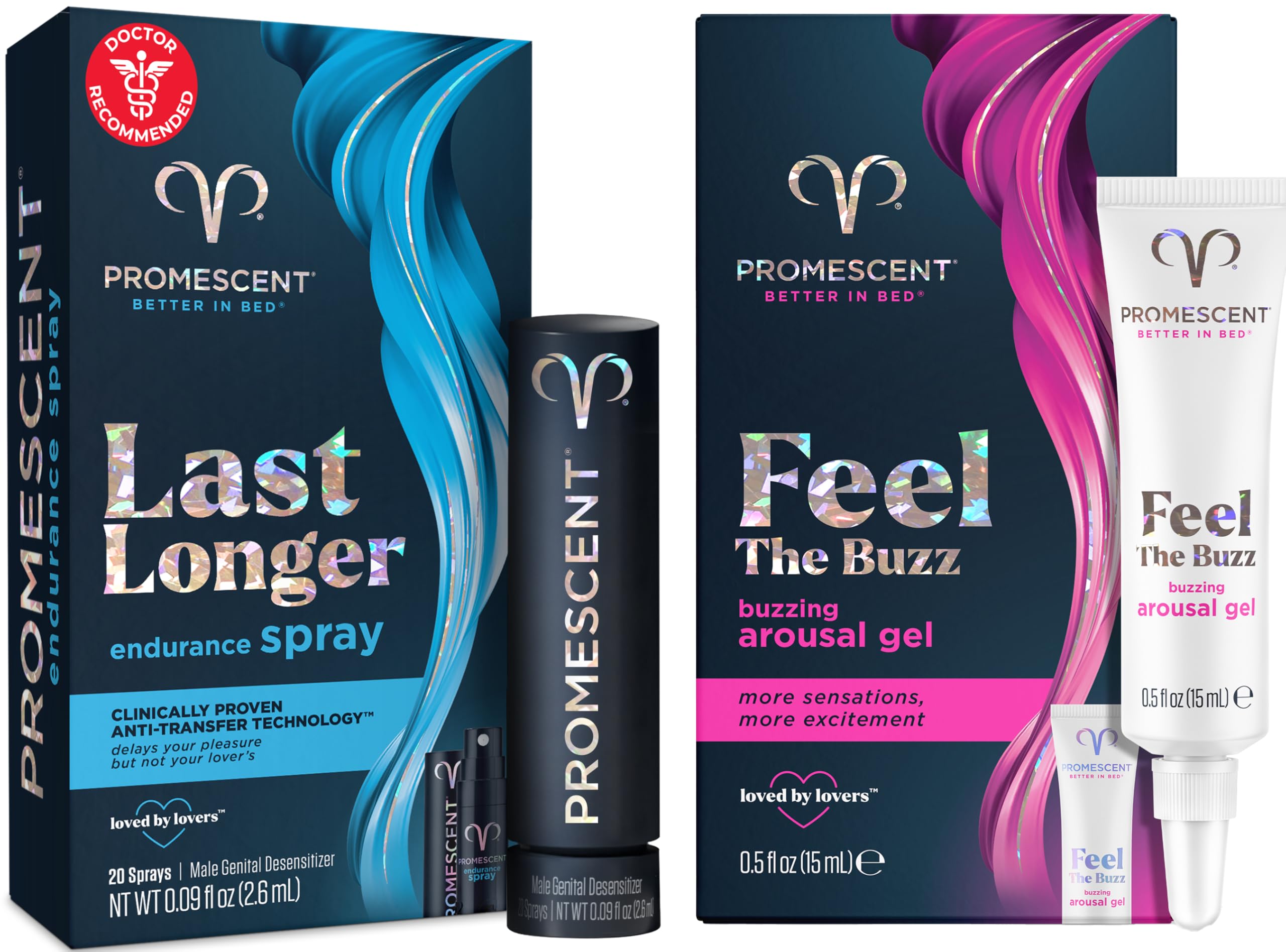 Promescent Desensitizing Delay Spray for Men, Last Longer in Bed + Women's Buzzing Gel for Intense Sensations Bundle