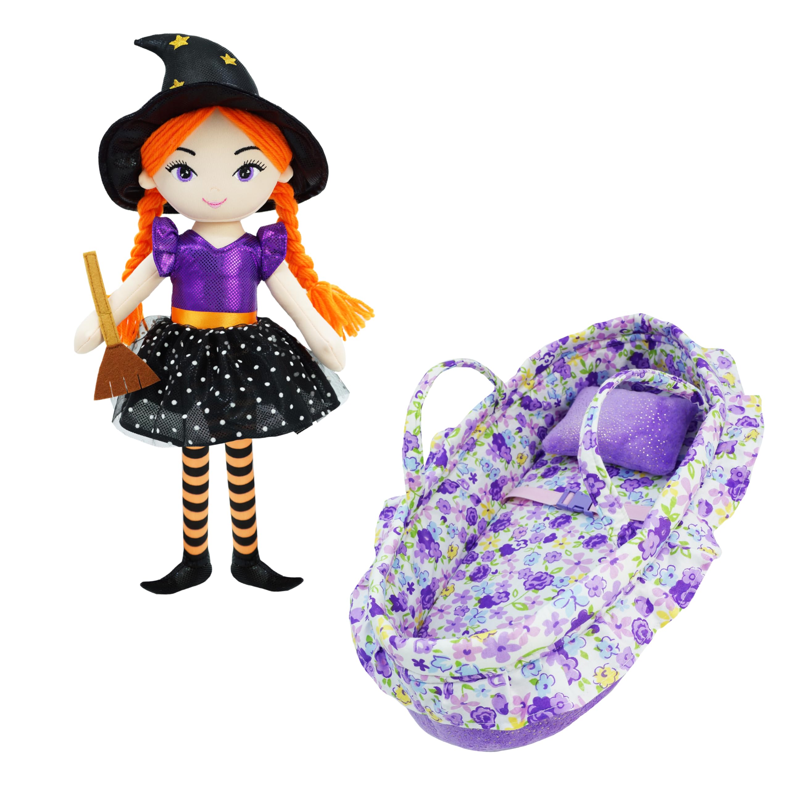 June Garden 2 Pcs Fairy Doll Playset Bundle - Includes 16" Enchanted Garden Witch Doll Lydia and Cozy Dream Purple Doll Bassinet