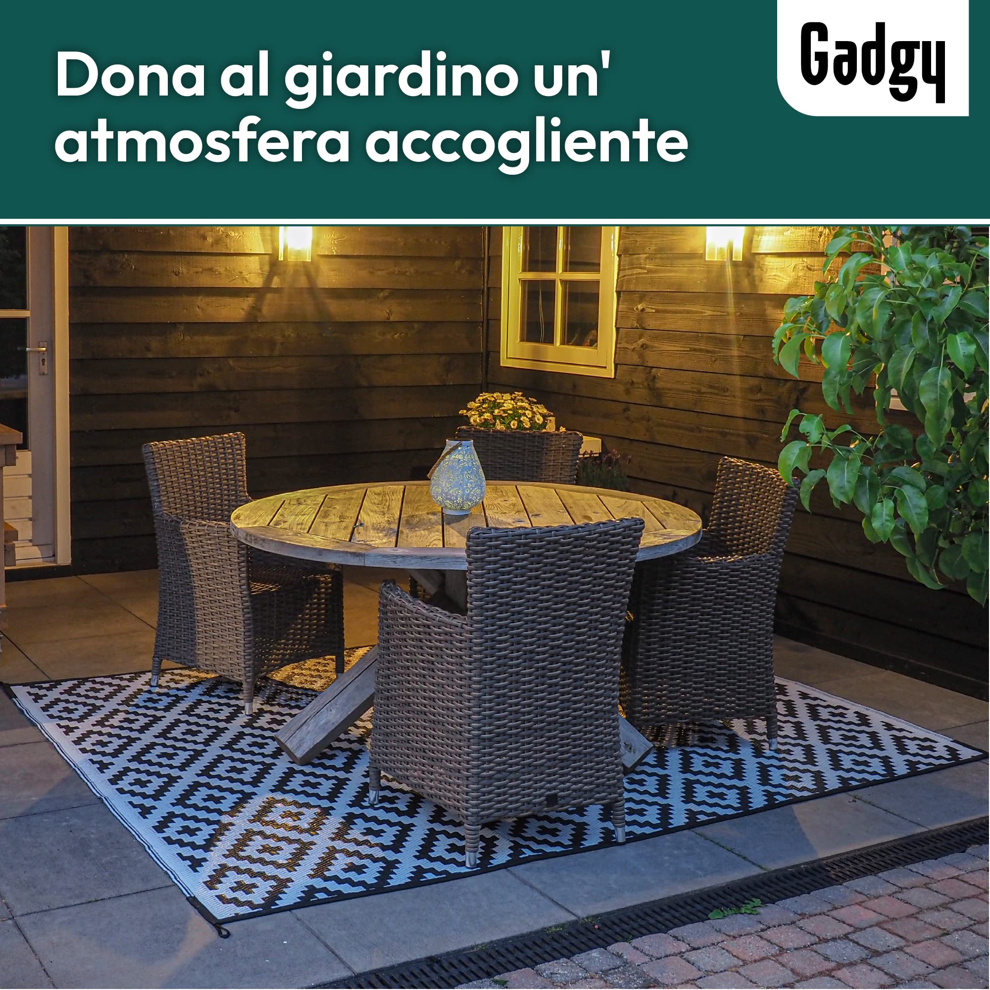 Gadgy Tappeto da Esterno Resistente alle Intemperie 200 x 300 cm - Elegante Tappeto Impermeabile e Resistente ai Raggi UV - Tappeto da Giardino Reversibile - Verde con Sacco Trasporto - Nero