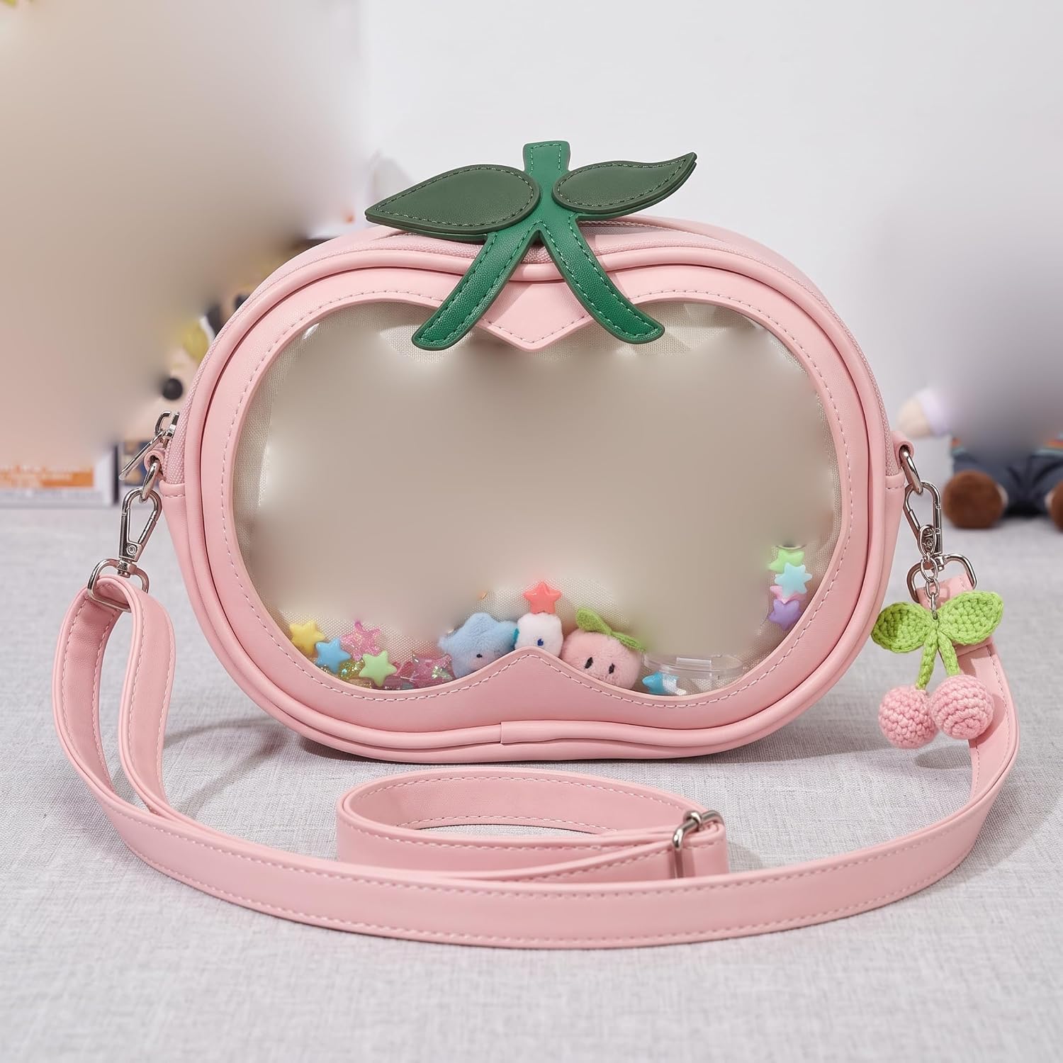 Ita Bag Crossbody, Pin Display Bag with Transparent Window & Large Storage Cherry-shaped for Anime Fans.