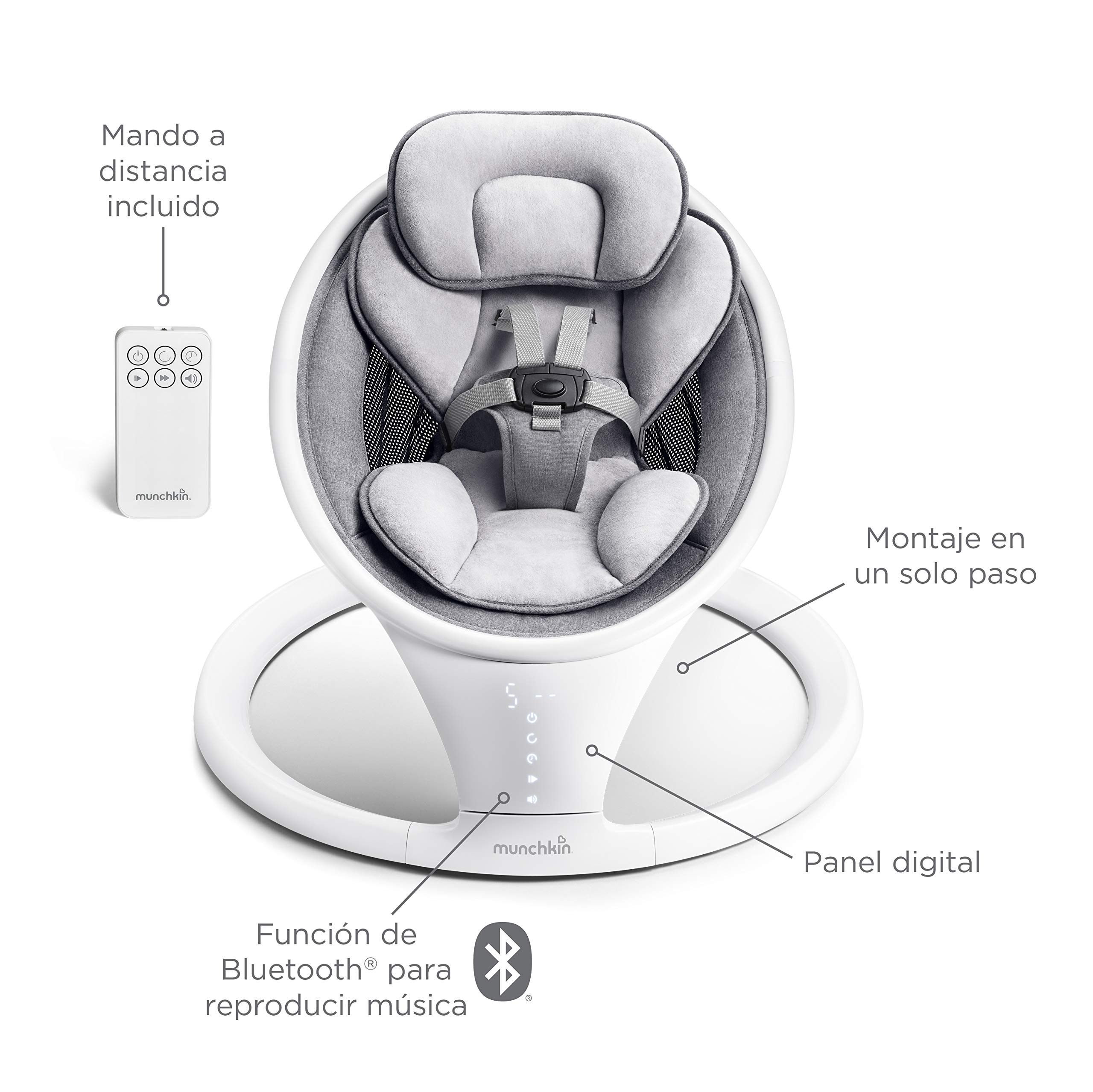 Munchkin Hamaca Eléctrica, Mecedora de Bebé y Recién Nacido con Bluetooth, Silla Portátil, con Movimiento y Sonidos, Gris/Blanco