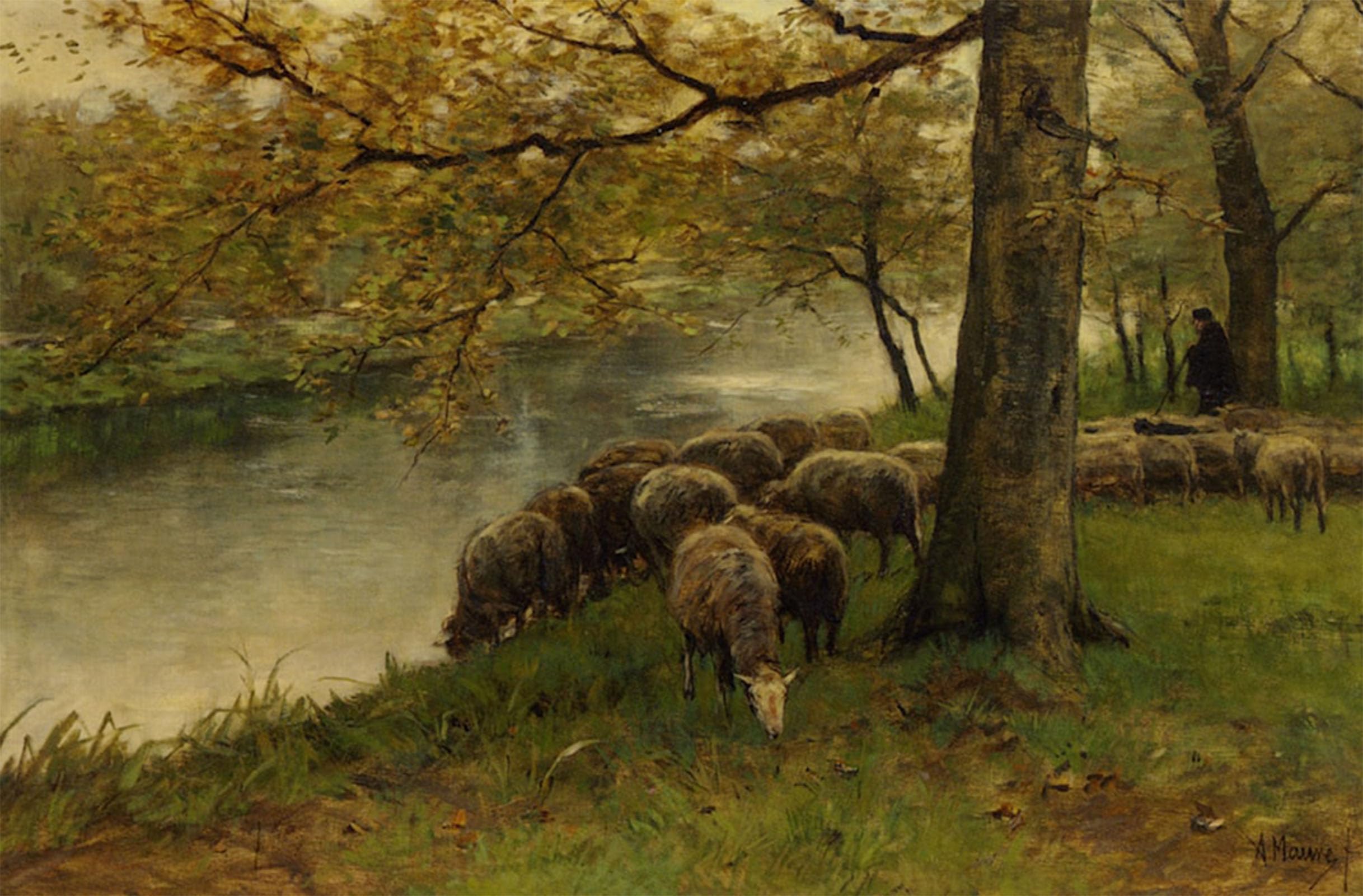 ARTXLXXBN Famous Art Print Poster Vintage Wall Art Sheep Watering by a River by Anton Mauve Canvas Art Poster for Home Decor 60x90cm