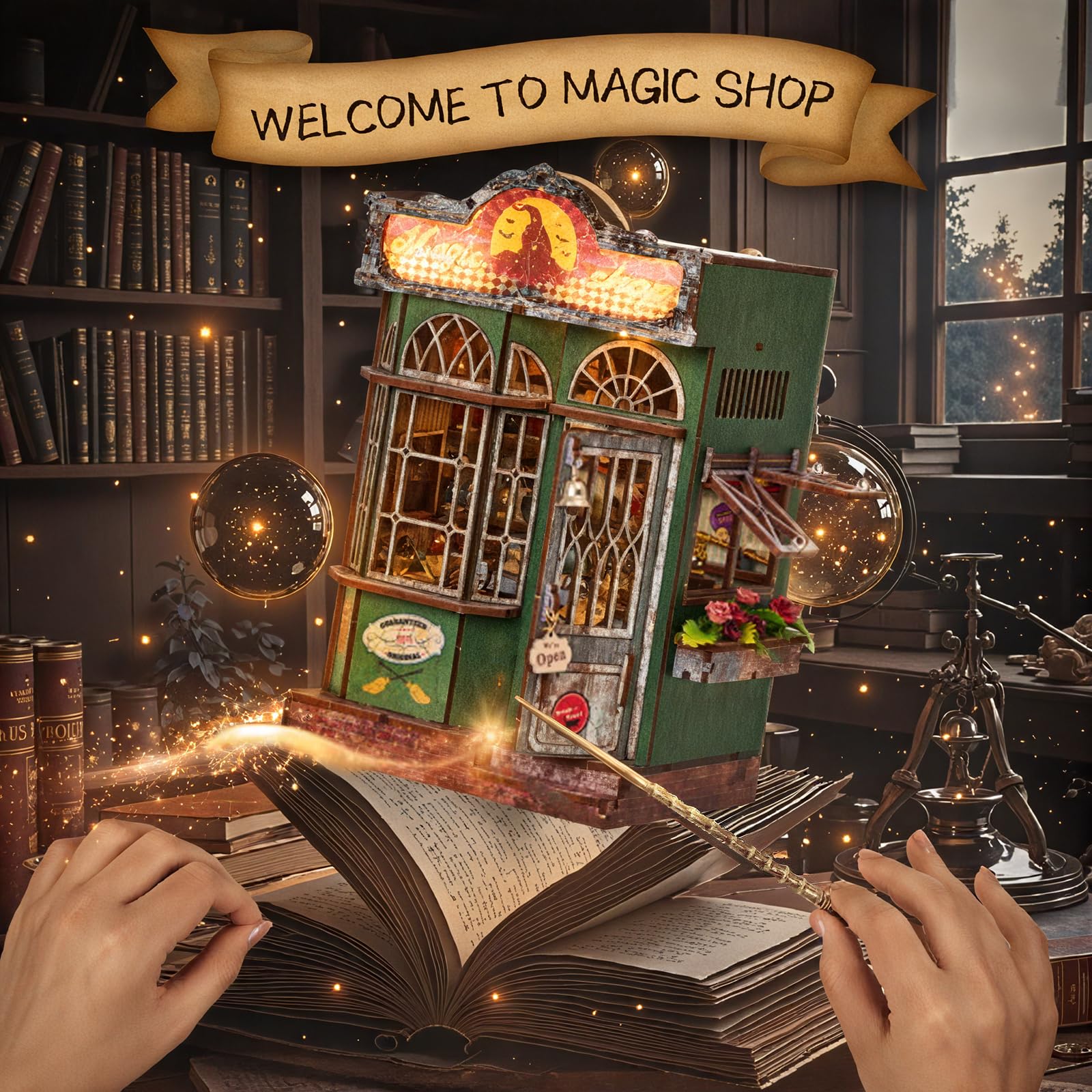 Cuteefun Miniature House Kits for Adults Magic Book Nook Craft Kit with Touch Lights, DIY Bookshelf Decor - Image 2