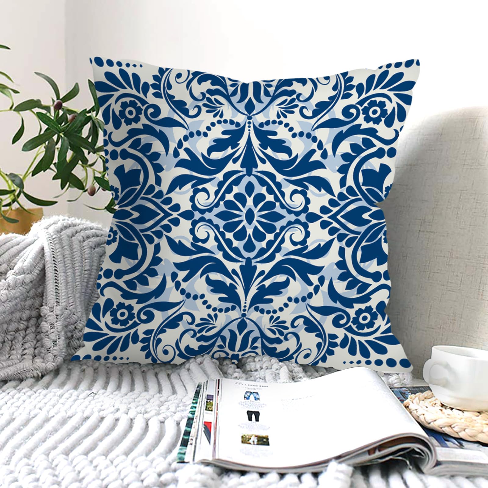Niebiesko-białe porcelanowe kwiatowe poszewki na poduszki 45 x 45 opakowanie 4 sztuk w stylu vintage chiński kwiat kwadratowa poszewka na poduszkę dekoracyjna poduszka na sofę z niewidocznym