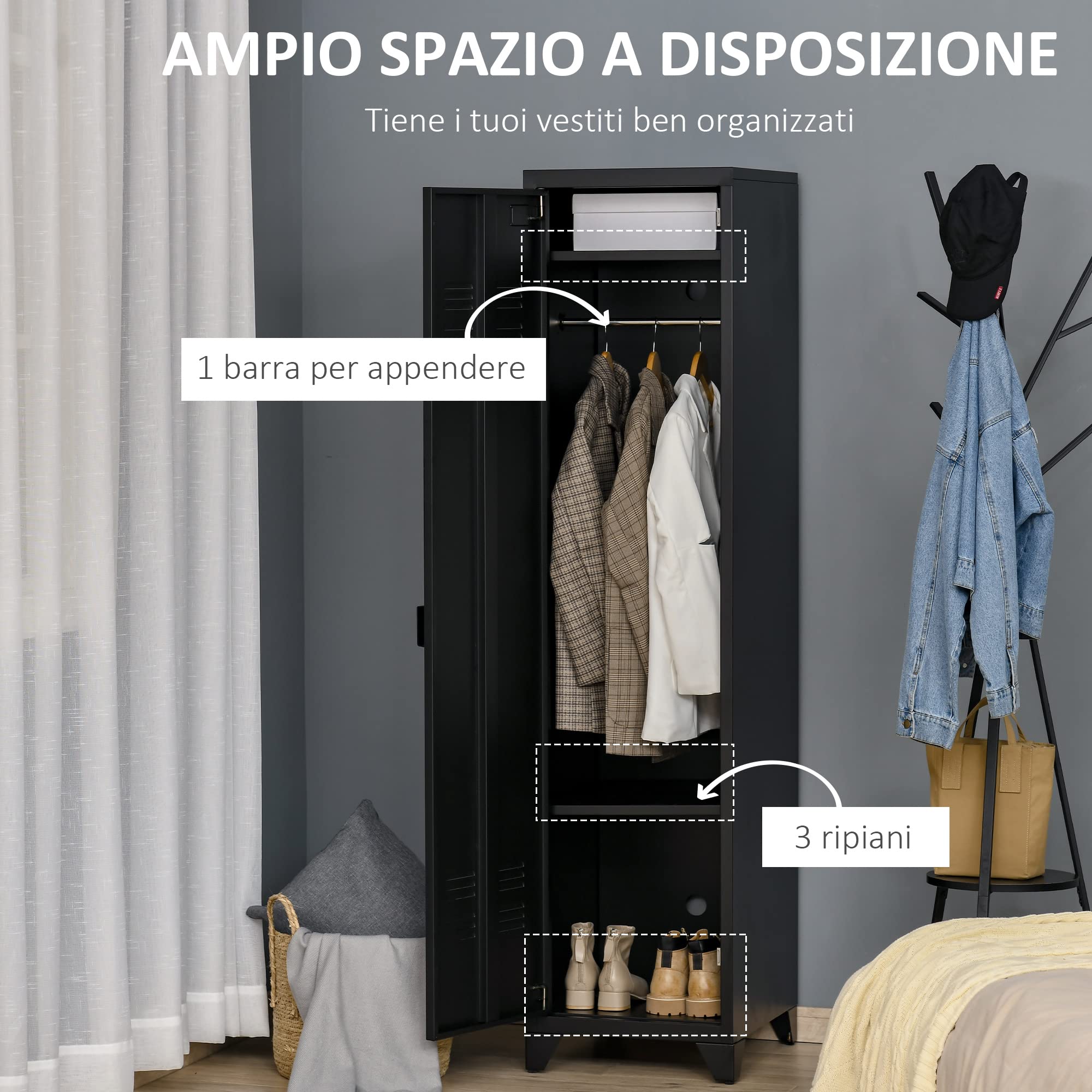 HOMCOM Armadietto Metallico Stile Industriale a un'Anta, Mobiletto Multiuso per Ingresso e Camera, 43x50x180cm, Nero