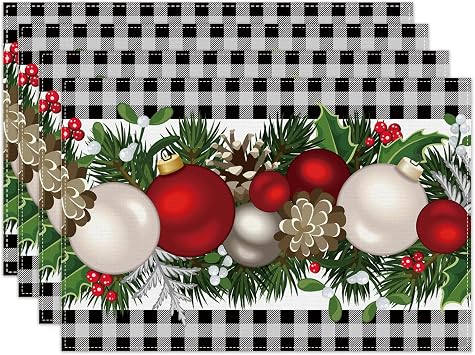 Linen Black and White Buffalo Check Plaid Christmas Placemats Set of 4 Farmhouse Winter Christmas Xmas Holiday Home Kitchen Table Decorations