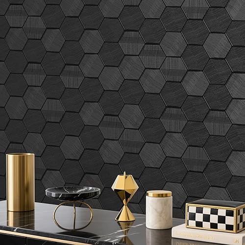 Simon&Siff Papel tapiz con textura negra hexagonal en relieve 3D, 17.3 pulgadas x 19.7 pies, no tejido, tradicional, para dormitorio, baño, paredes