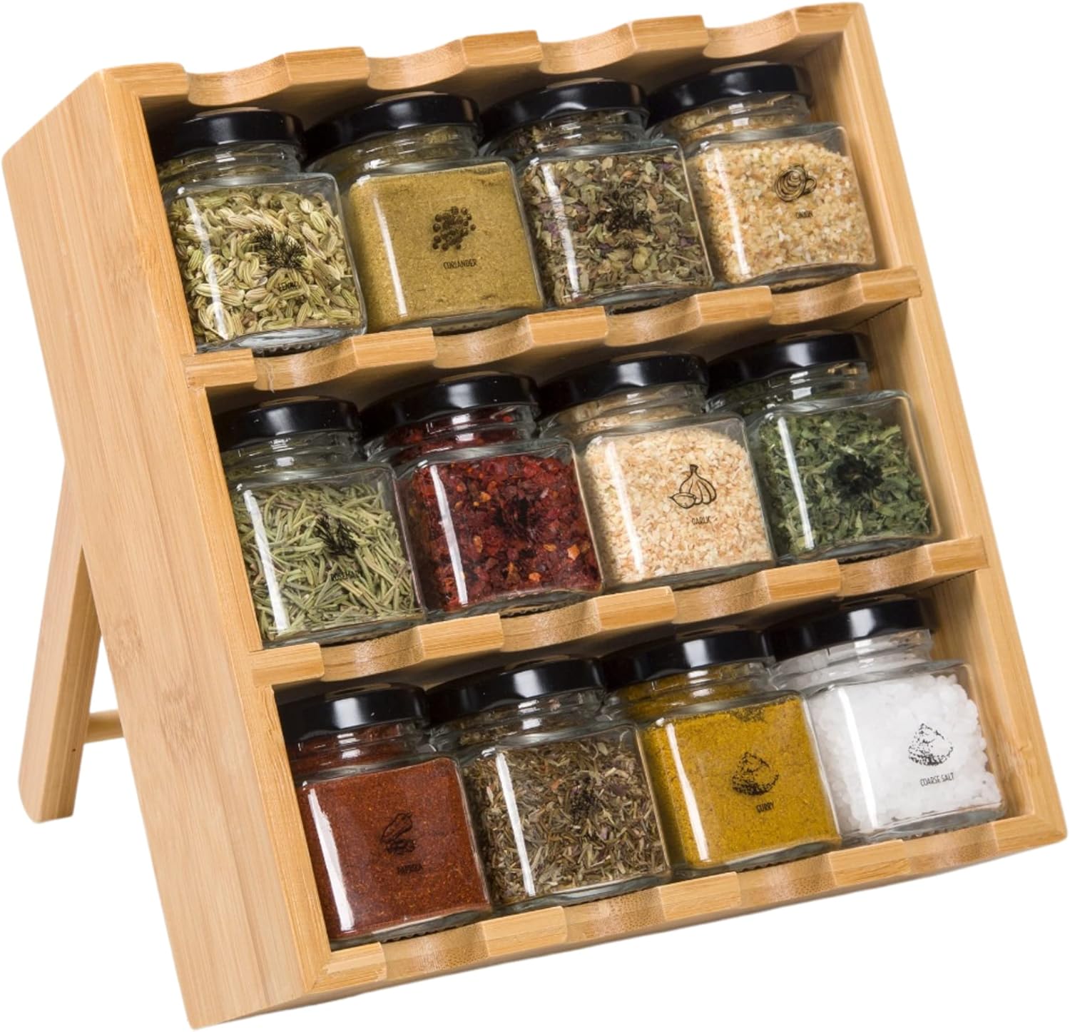 Wooden Spice Rack With Spices Jars and Labels Included 12 Herbs, Spices, Seasonings Spices