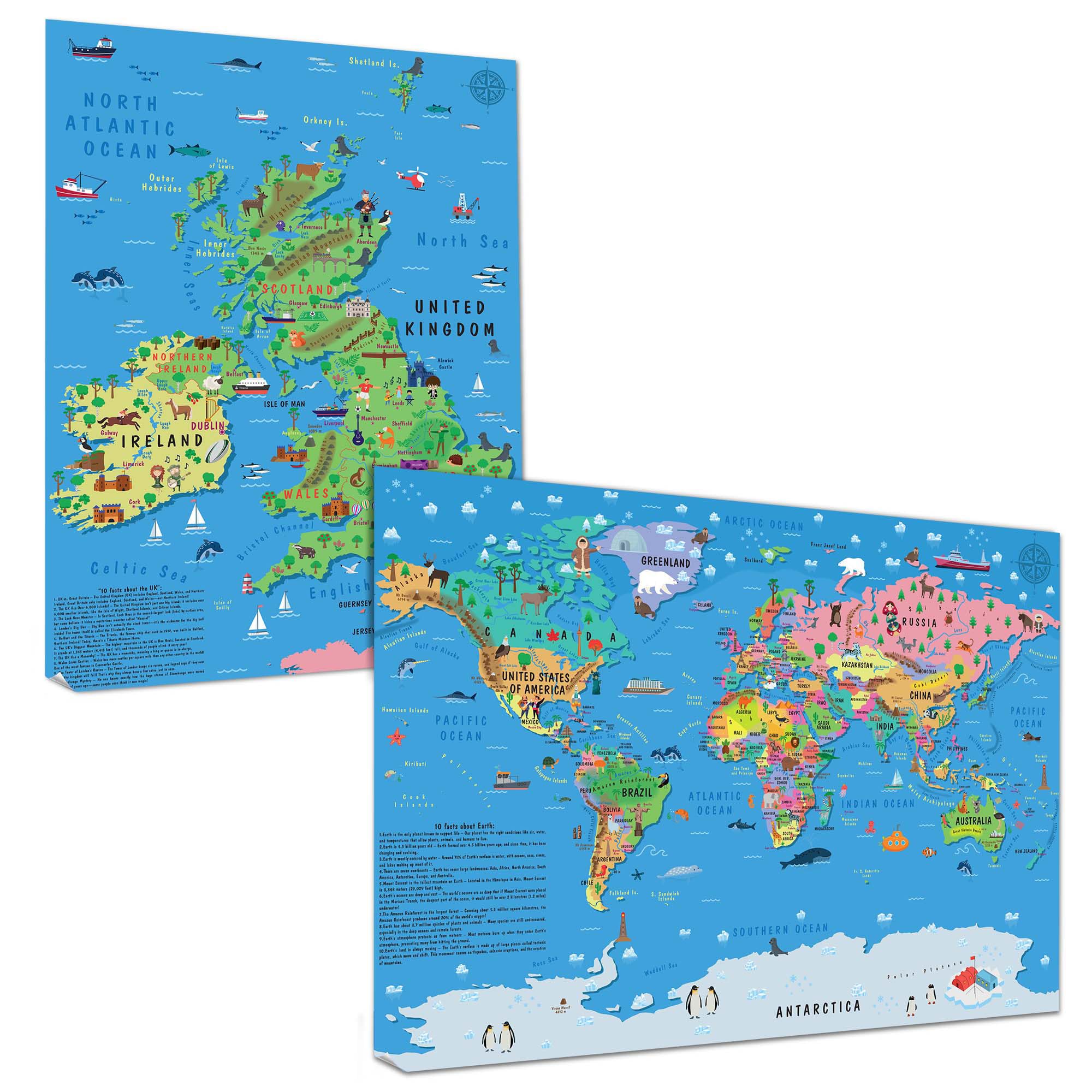 Carte du monde pour enfants poster éducatif animaux et monuments muraux