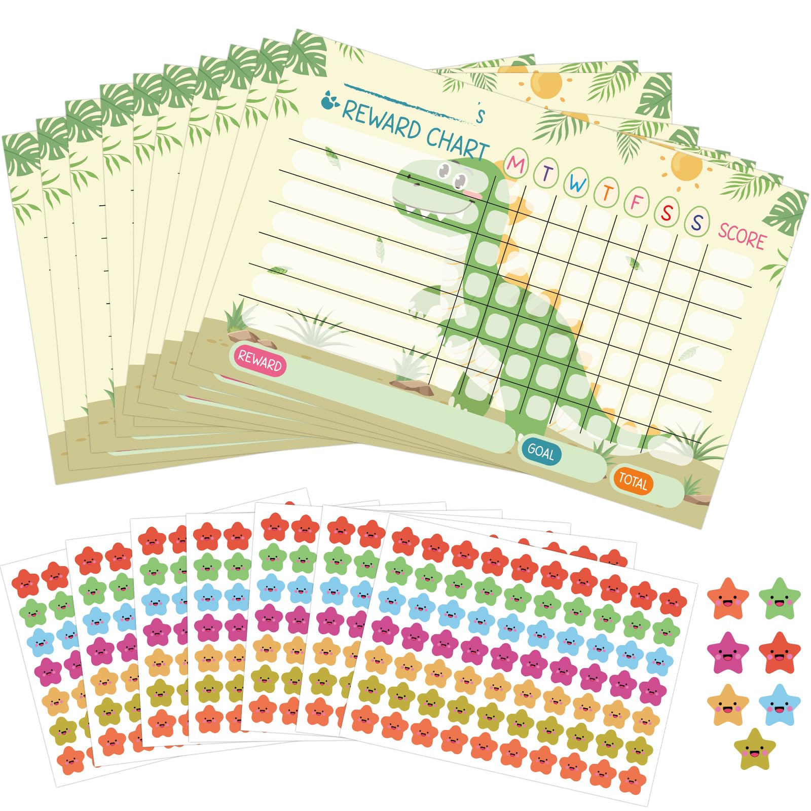 Lemicin Dinosaur Reward Chart Children Behaviour - 10 Sheets Reward Charts with 490 Star Stickers for Children Behaviour Training