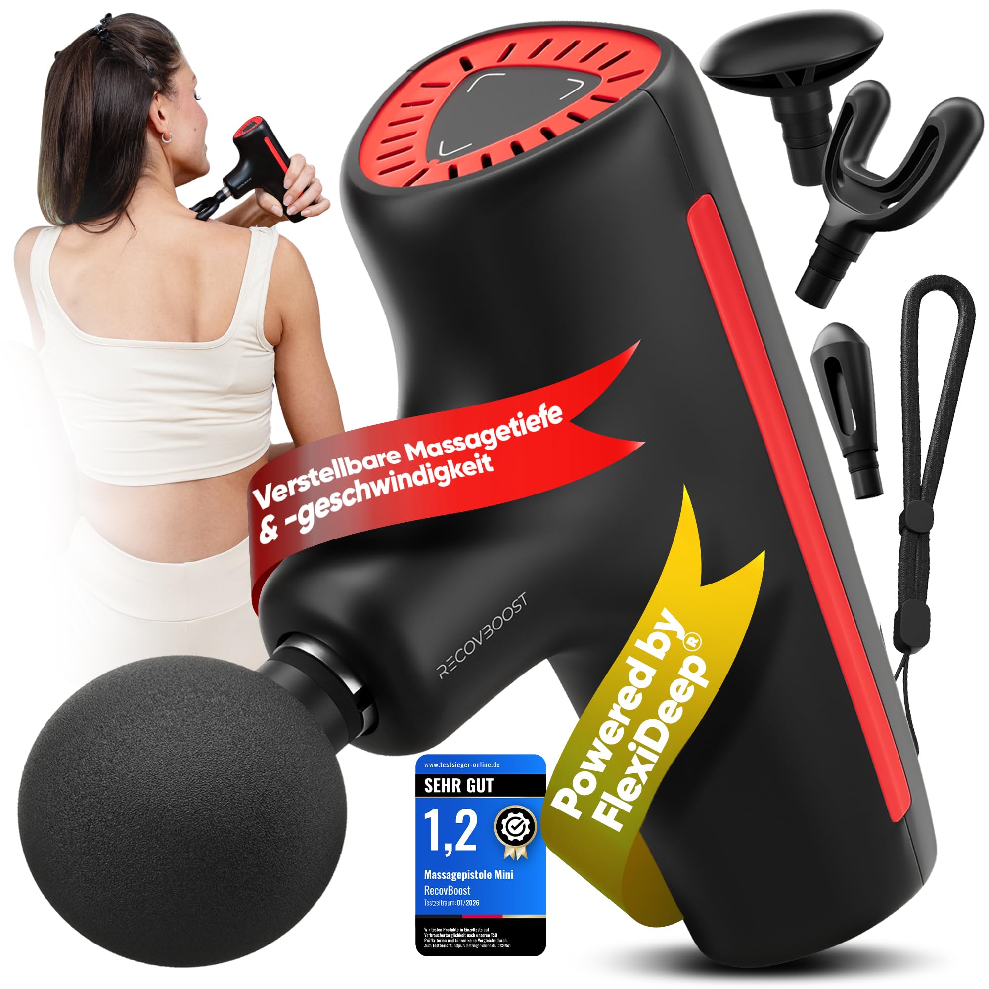 MINI Massagepistole NOTE 1,2 - verstellbare Massagetiefe 5-10mm (FlexiDeep) - Massage Gun & Massagegerät klein für Rücken Nacken Schulter - Muskelpistole Faszienpistole für Sport & unterwegs