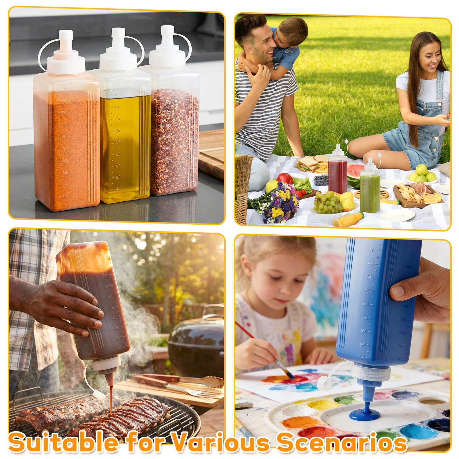 3 Stück Quetschflasche, 1000ML Breiter Mund Plastik Squeeze Flasche mit Kappen, Etiketten & Bürste, Saucenflasche Dosierflasche Kein Leck Spender für Ketchup Scharfe Soßen Olivenöl Malen