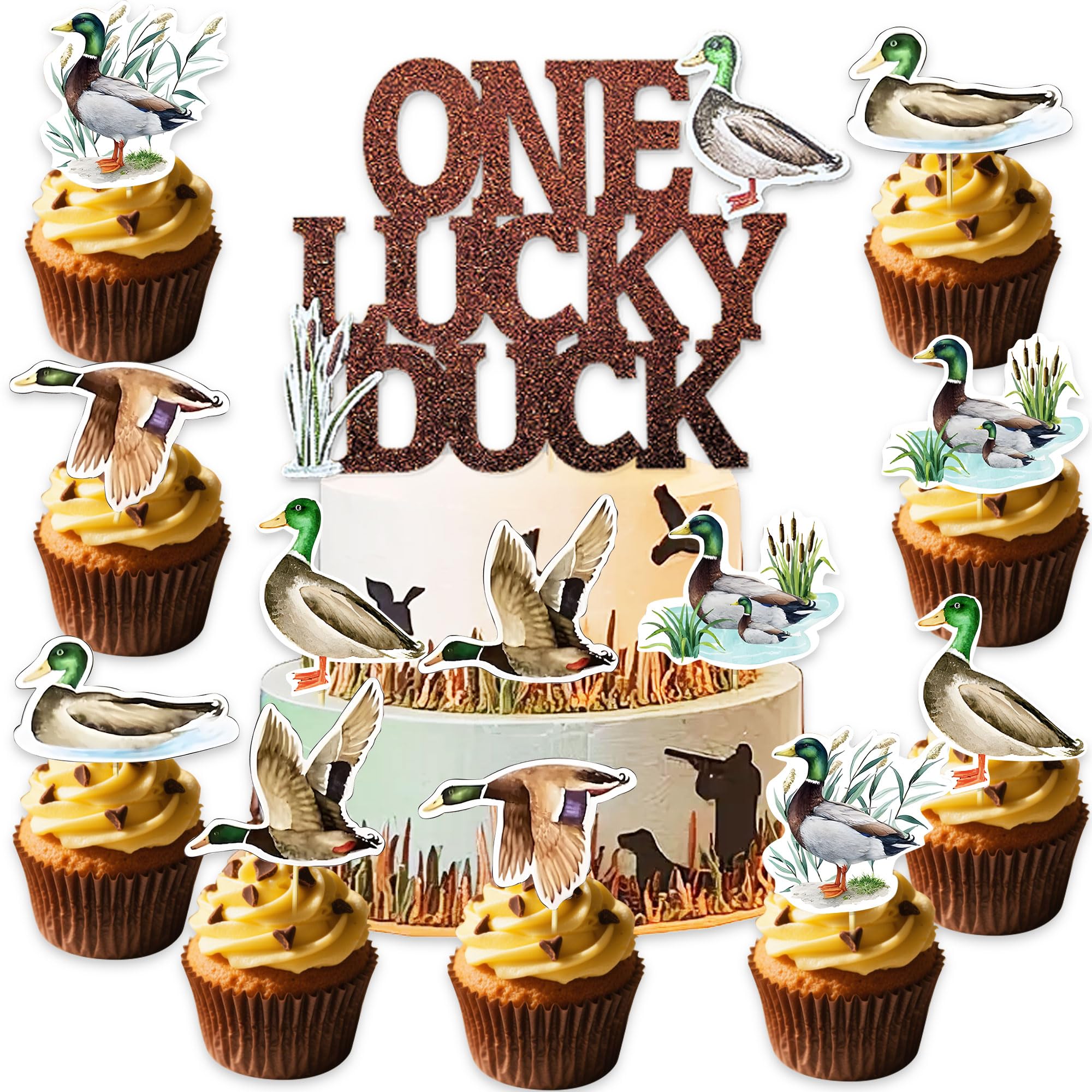 Mallard Duck Cake Topper One Lucky Duck Cupcake Toppers Baby Shower Decor Boy 13 PCS Mallard Duck Cake Decorations 1st Birthday Party Supplie
