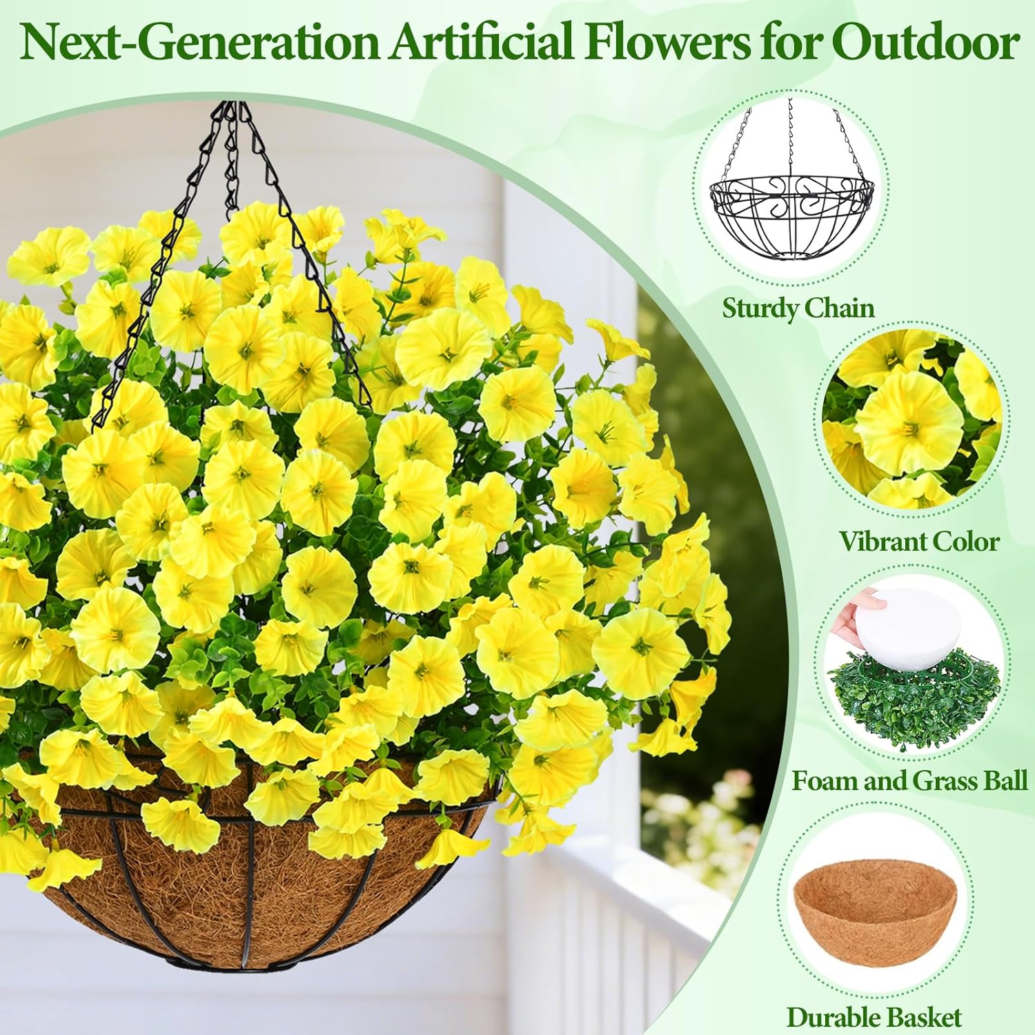 Yastouay Artificial Hanging Flowers for Outdoors, Fake Hanging Plants with Baskets, UV Resistant Hanging Flowers Fake Flowers for Outdoors Porch Patio Garden Spring Summer Decor(Yellow)