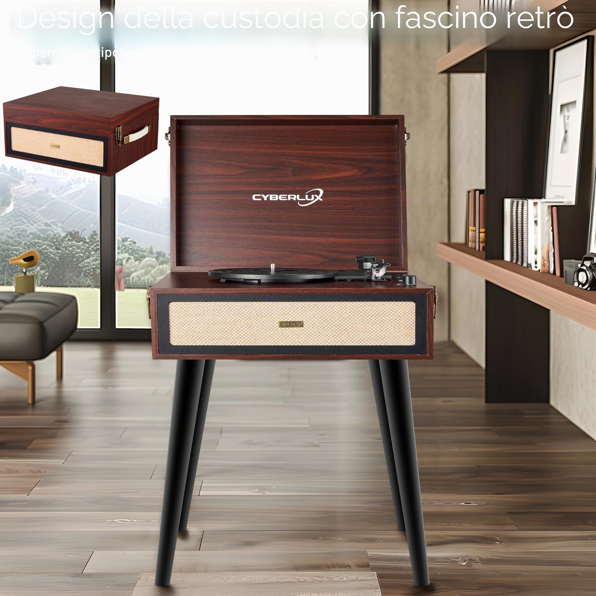 Giradischi con supporto, in stile retrò, con altoparlante Full Range, Bluetooth, radio FM, USB, Line-Out AUX IN Micro SD, slot in vinile, nostalgico, giradischi con piedini