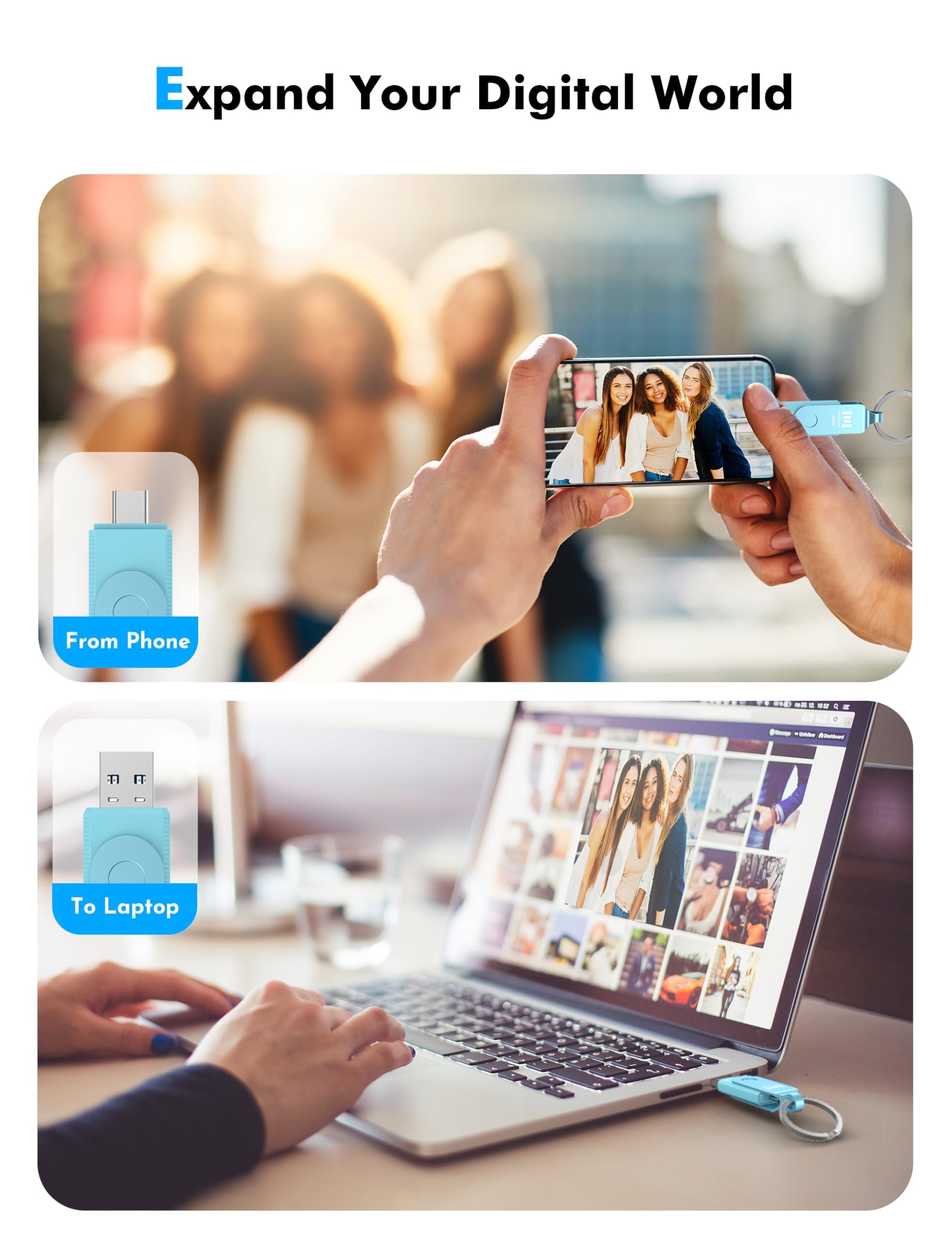 MOSDART Unidad Flash Dual USB C rápida de 128 GB con Llavero, Memoria USB 3.1 Tipo C 2 en 1 para teléfonos Android USB-C, iPhone 15, MacBook, iPad, computadoras y más, Azul