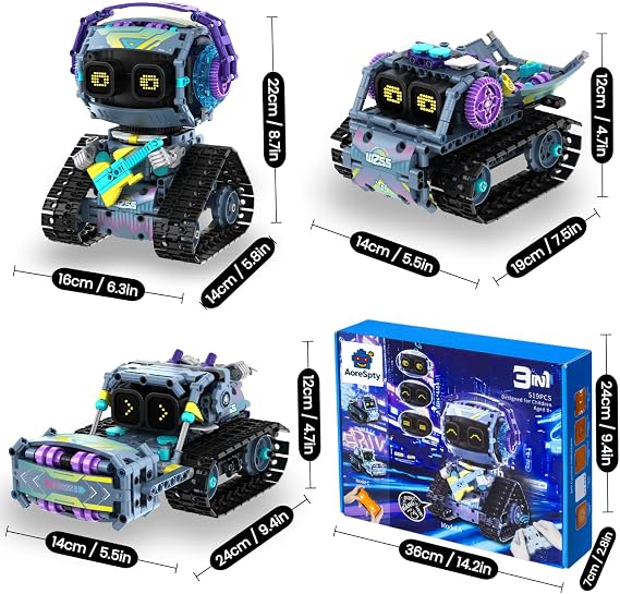 STEM Robot Kit 3-in-1 for Kids Ages 8-10 | 519-Piece Excavator Robot Car Build Set | App & Remote Control STEM Robotics Educational Toys Gift