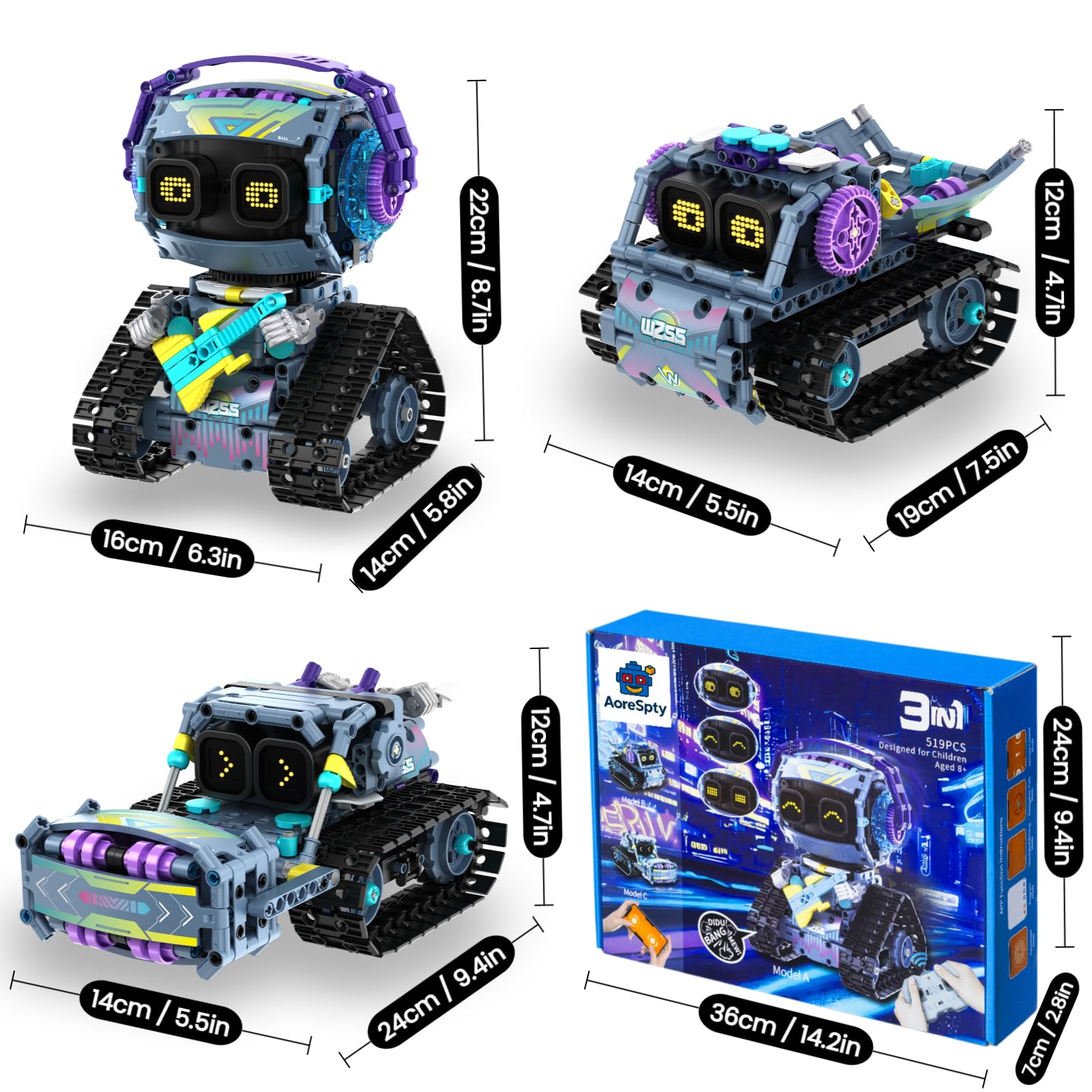 Kit Robot, 3-in-1 Modelo Set Proyecto Proyecto Regalo | kit robot: control por app, mando, orugas ágiles y movimiento reactivo; aprendizaje, regalos, proyectos familiares y hobby