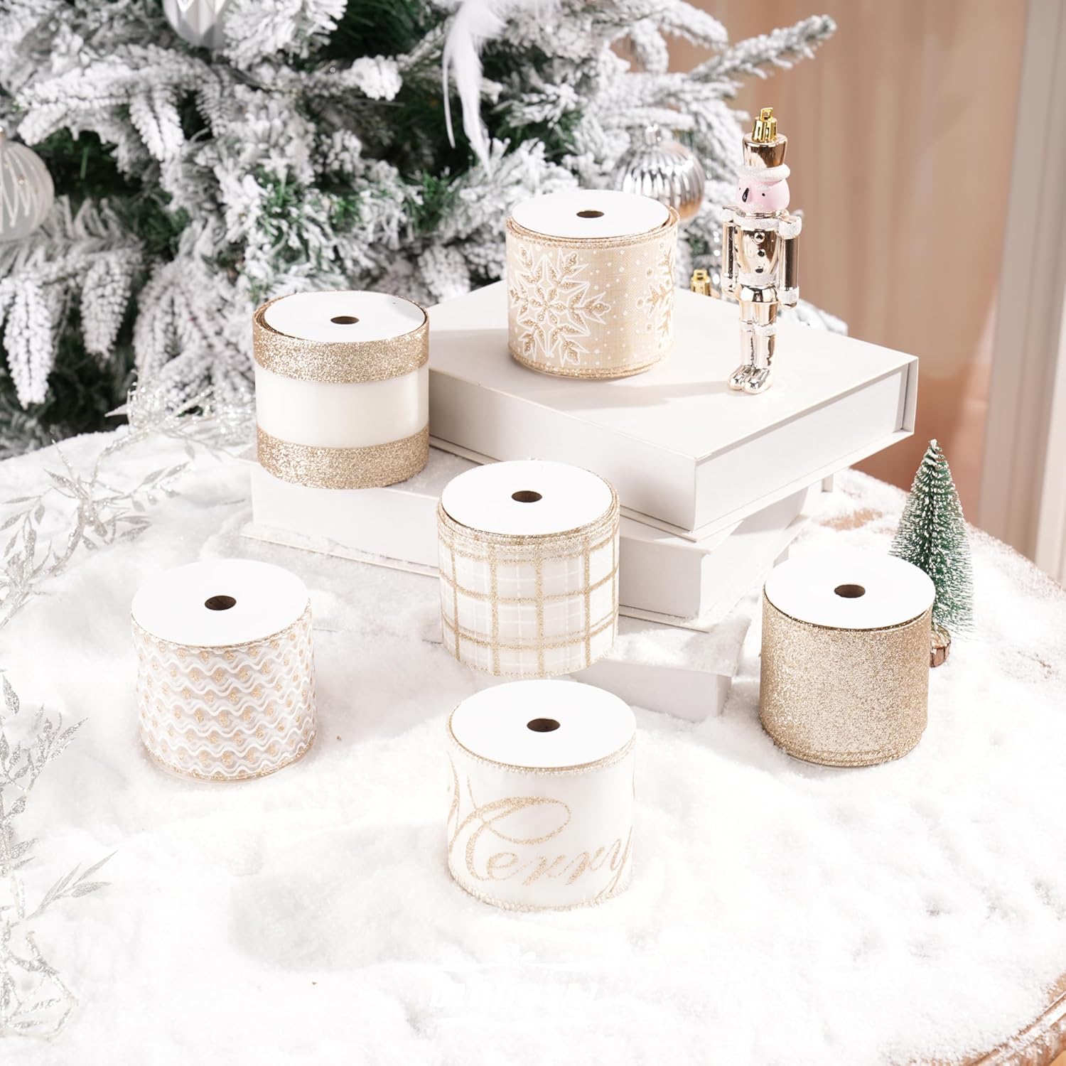 Champagne Gold Wired Christmas Ribbon 2.5 Inch x 36 Yards, 6 Rolls Satin, Chiffon & Burlap Ribbon for Tree, Wreaths, Bows, Garland, Gift Wrapping