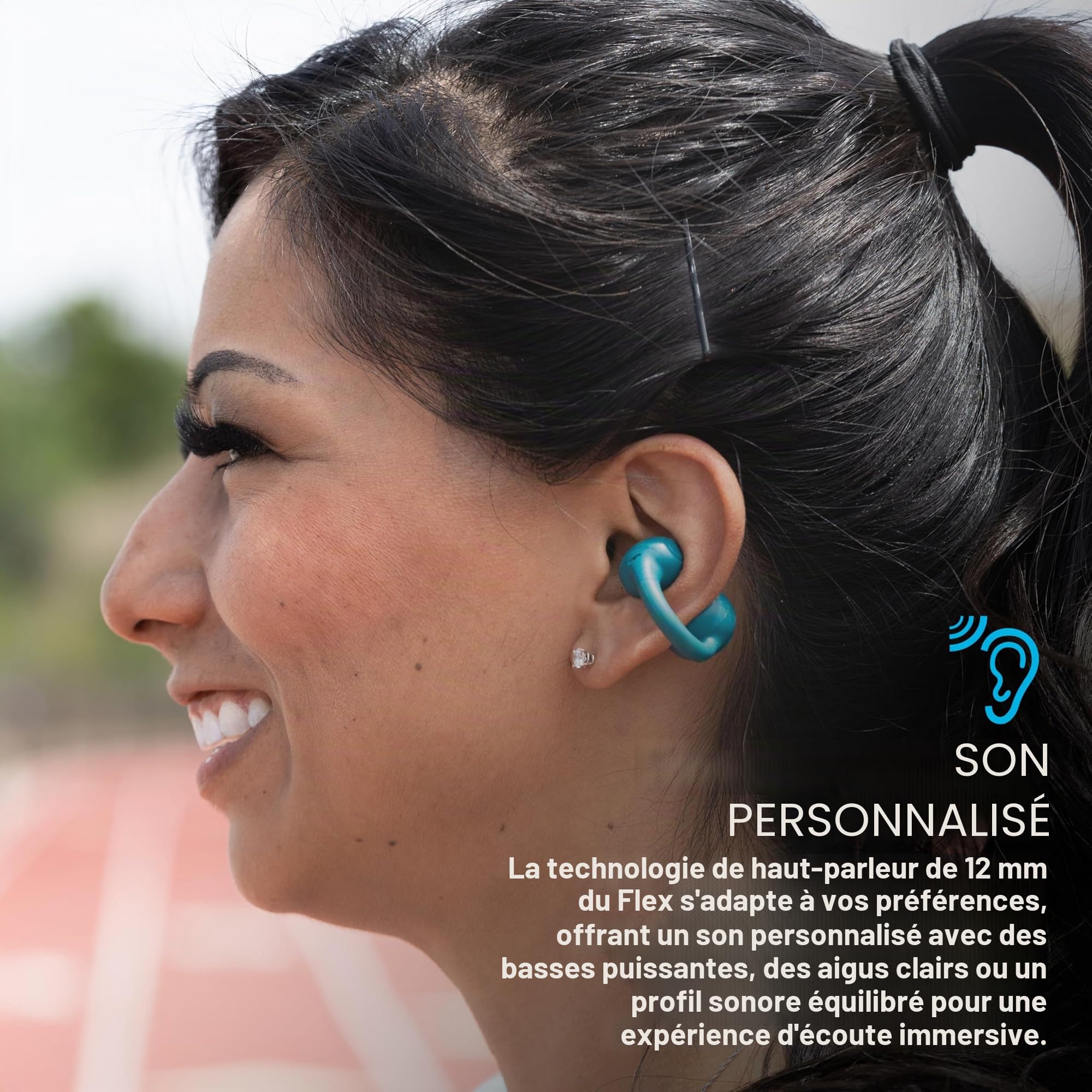 JLab Flex Casque à Oreille Ouverte - Bluetooth Multipoint, Sarcelle | Écouteurs à Oreille Ouverte, Design à Clipser, 21h, Bluetooth Multipoint, Micro, Personnalisation avec Application