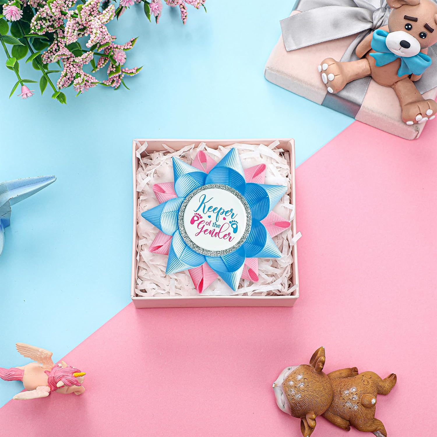 Ecation 2/1 Pcs Keeper Of The Gender Pin Gender Reveal Party Favors Team Buttons Feet Light Blue and Pink Grosgrain Ribbon Pins for Reveal Shower Celebration Party