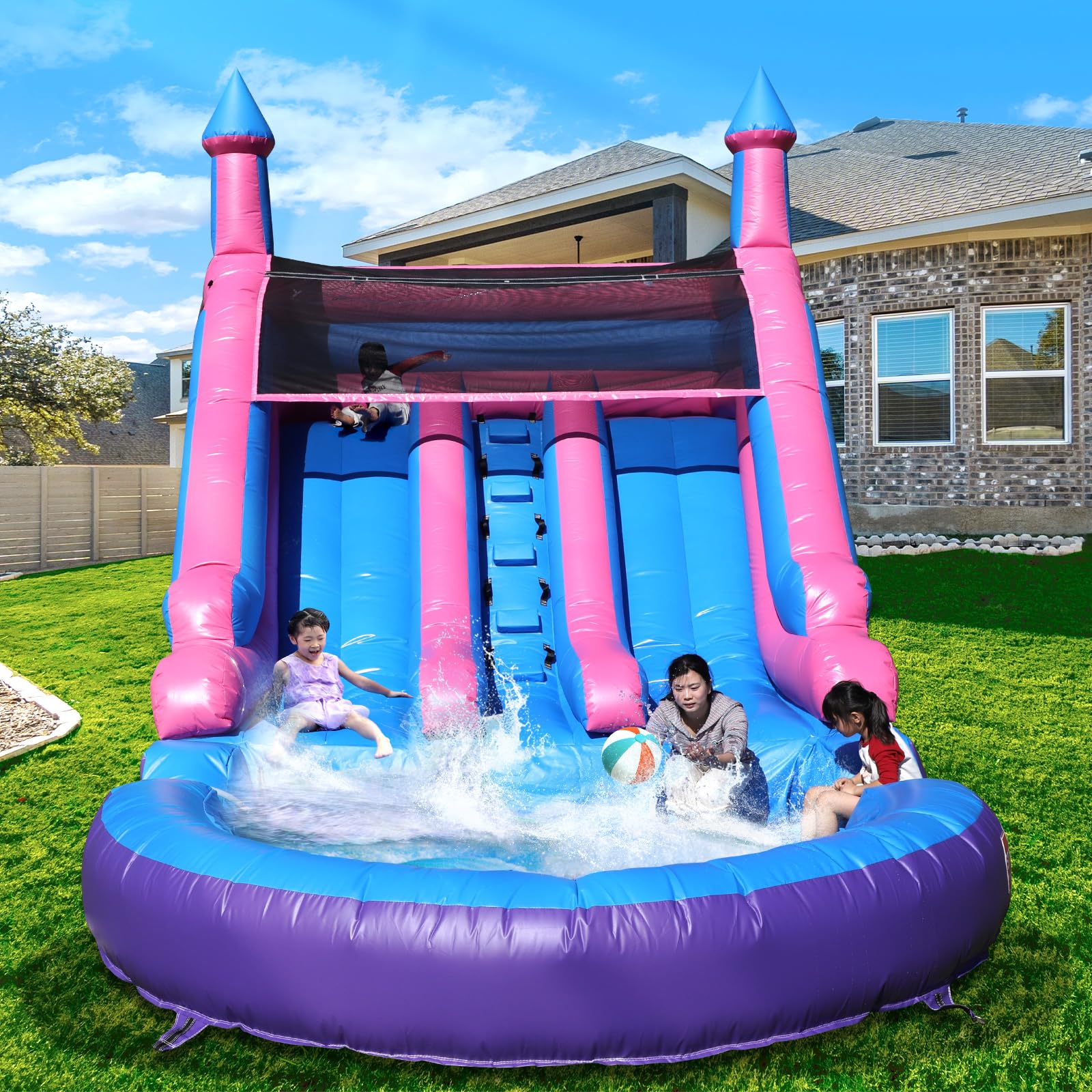 Inflatable Water Slide for Adults Kids with Double Slides, 100% PVC Commercial Bounce House with Blower, Big Splash Pool,Blow up Water Slide for