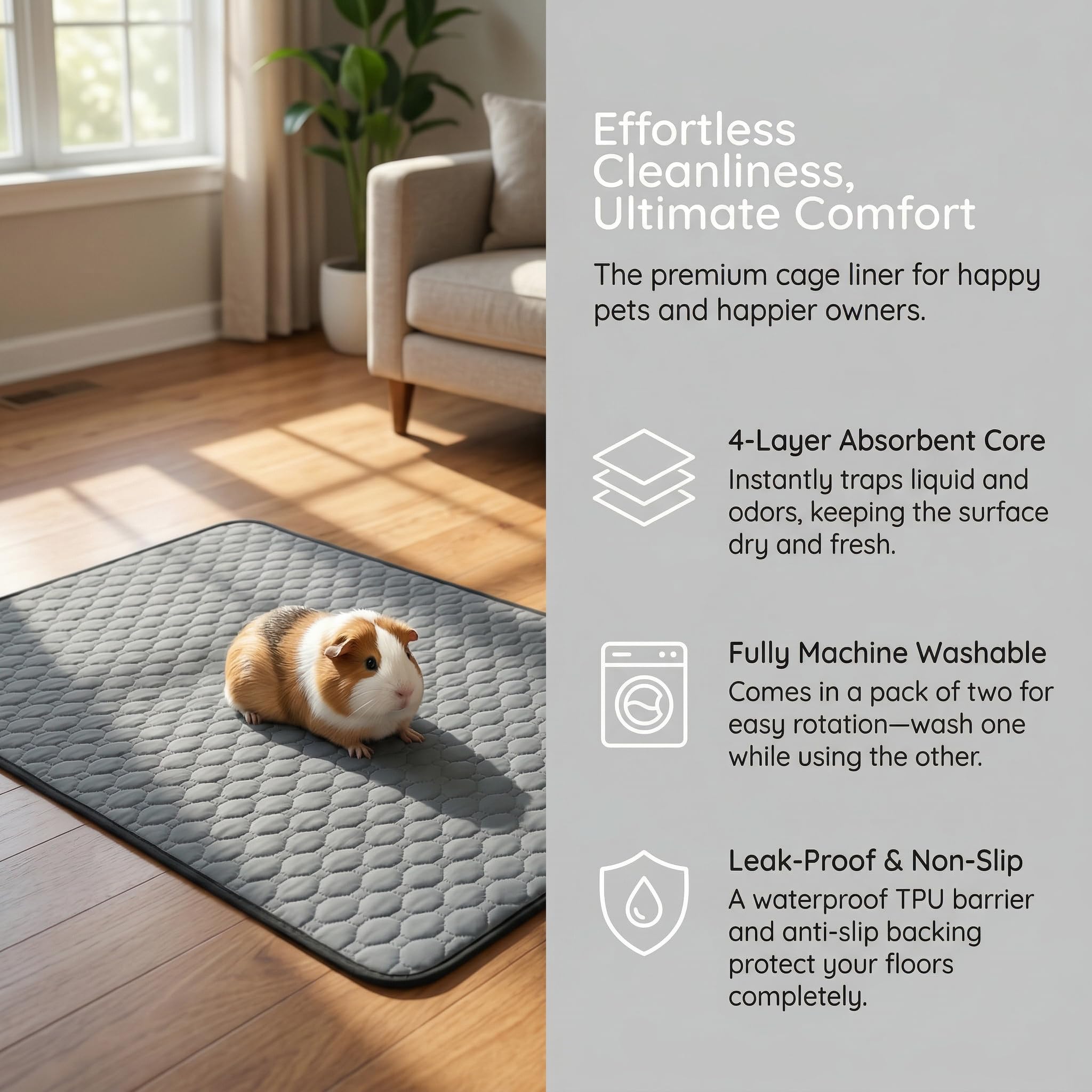 Lot de 2 Tapis Pipi Cochon d'Inde Gris 60x120cm – Tapis Cage Absorbant Lavable et Imperméable pour Lapin et Petits Animaux
