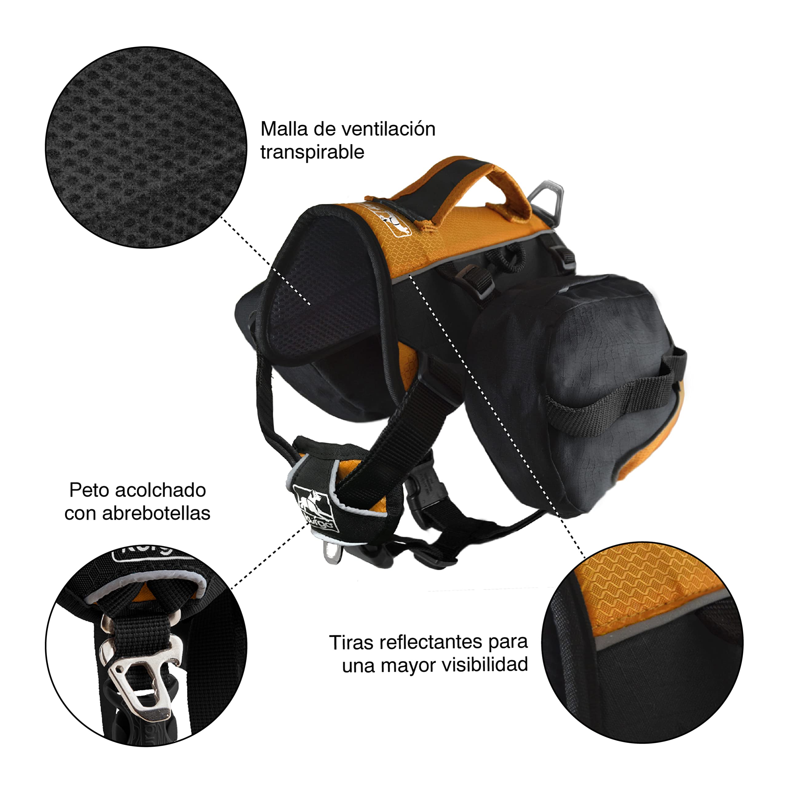 Kurgo Baxter - Mochila de Senderismo para Perros - Soporte Ergonómico, Carga Equilibrada y Alforjas Resistentes - para Perros de 14–39 kg - Negro y Naranja