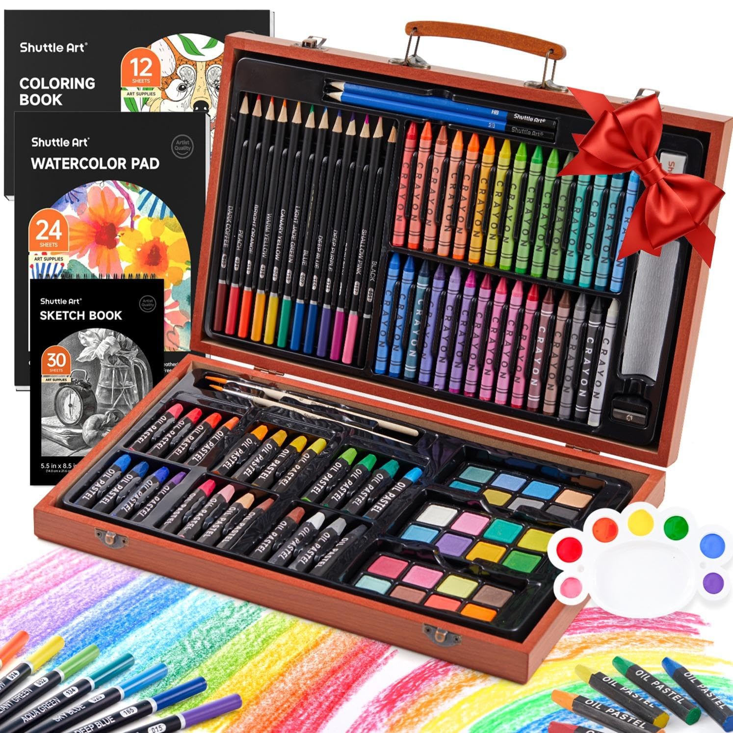 Shuttle Art 106 Piece Deluxe Art Set, Art Supplies in Wooden Case, Painting Drawing Art Kit with Crayons Colored Pencils Oil Pastels Watercolor Cakes Coloring Book Sketch Pad for Kids Adults