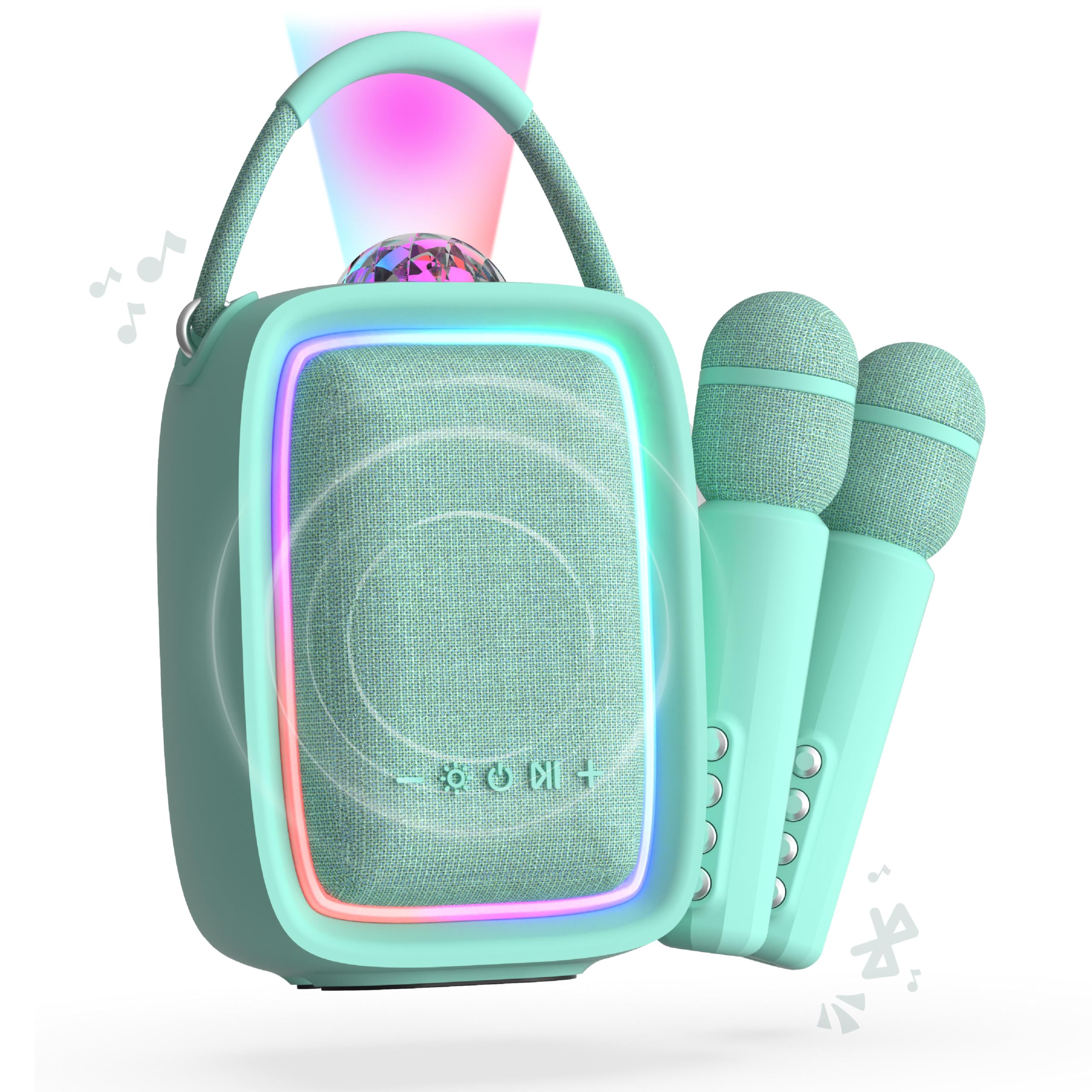 Mob - Singy Party Enceinte Karaoké Portable pour Enfant et Adulte - Projecteur Disco, 2 Micros sans Fil pour Chanter en Duo, Rechargeable USB-C, Carte SD - Idée Cadeau (Menthe)