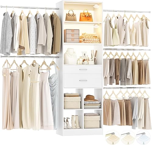 Vista 8 de Sistema de armario, torre organizadora de armario de 4 a 8 pies con 2 cajones de madera y 5 varillas colgantes, puede adaptarse a un sistema