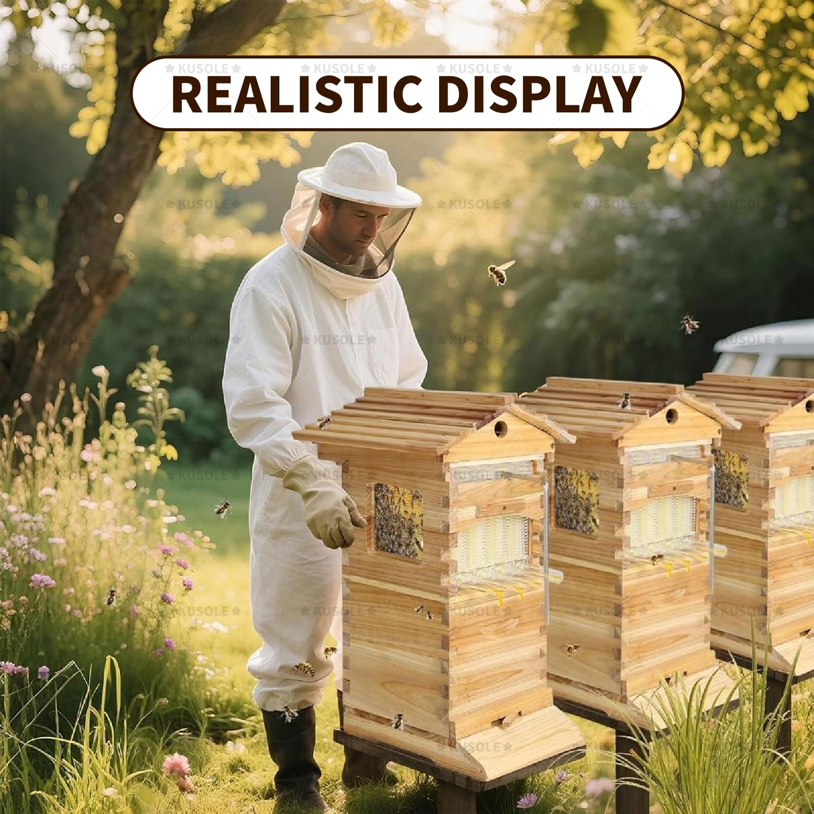 Dieses Imker-Einsteigerset enthält 6 Brutwaben, EIN eingebautes Honigschleudersystem und eignet Sich für die Hobbyimkerei. Es verfügt über einen Bienenstock im Kabinenstil