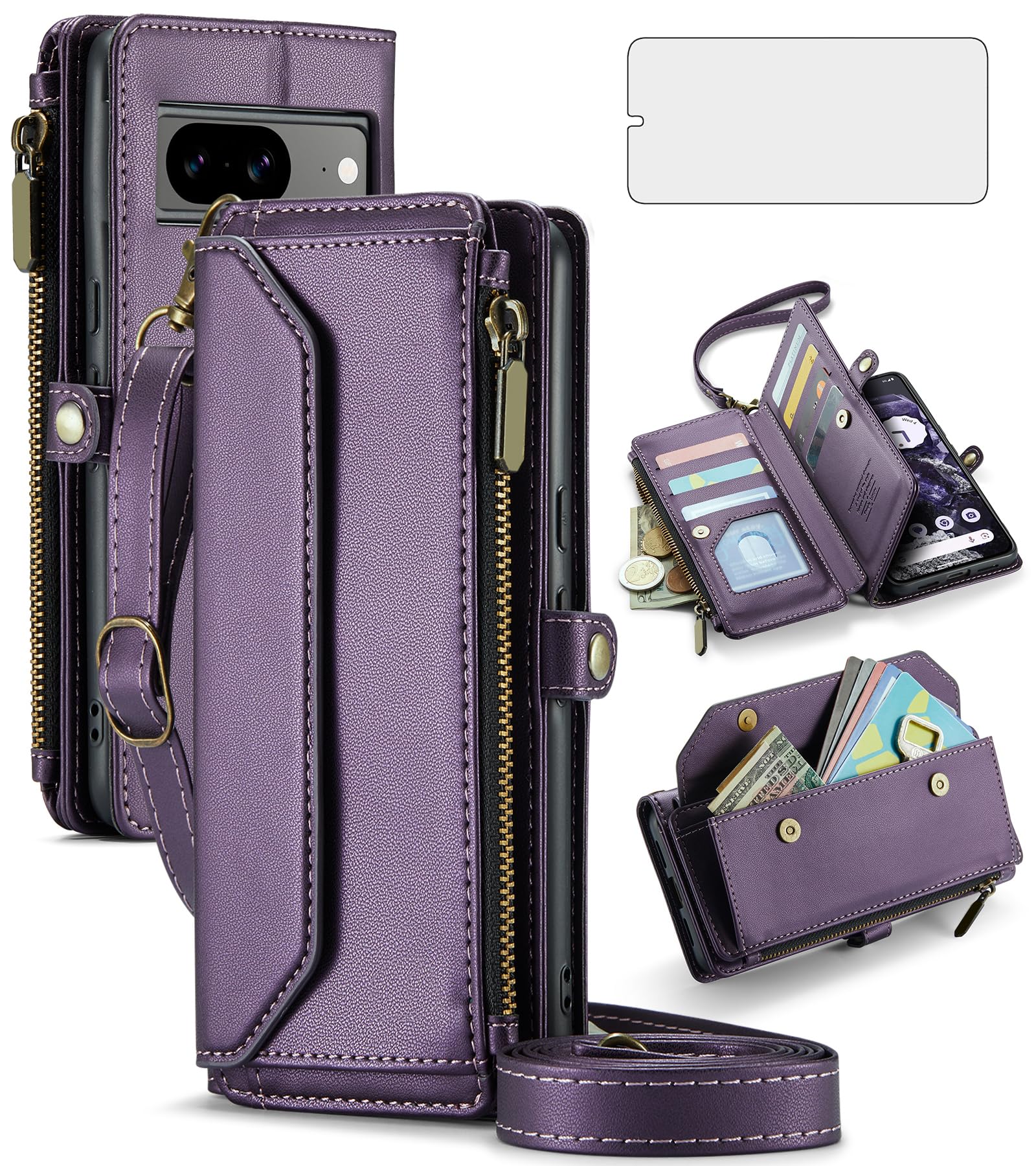 Asuwish Phone Case for Google Pixel 8 5G Zipper Wallet Cover with Tempered Glass Screen Protector and Leather Flip RFID Blocking Credit Card Holder