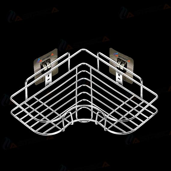 ASTRECA Stainless Steel SS-304 Self Adhesive Bathroom Shelf Corner Rack for Kitchen and Multipurpose Kitchen & Bathroom Shelf (SS Corner Shelf || Pack of 1)