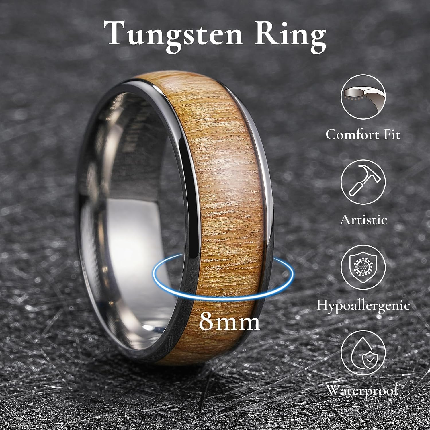 THREE KEYS JEWELRY Titanium Wooden Wedding Band for Men Women-4/6/8mm Width Black/Rose Gold Plated Wedding Ring with Brown/Blue Natural Koa Wood Inlay Domed Ring Comfort Fit Durable Size 4-16