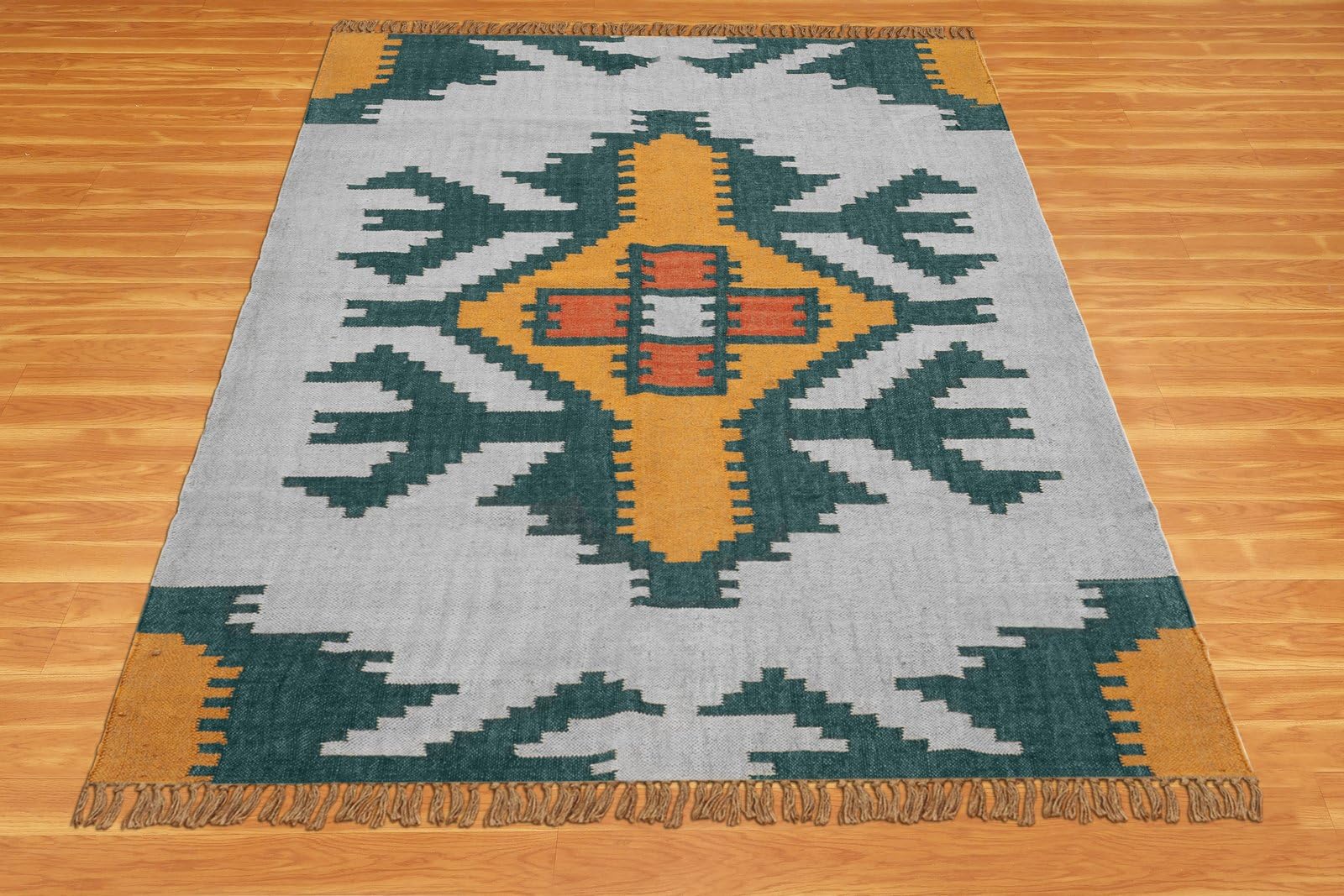 Kwadratowy geometryczny dywan Kilim 8 x 8 cm - żółty musztardowy i zielony geometryczny wełniany dywan jutowy ręcznie tkany płaski wełniany dywan jutowy do wewnątrz/na zewnątrz sypialni