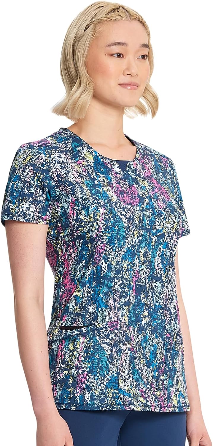 Cherokee Infinity Printed Scrub Tops for Women Round Neck, 3 Pockets, Rib-Knit Inset & Princess Seams - CK609