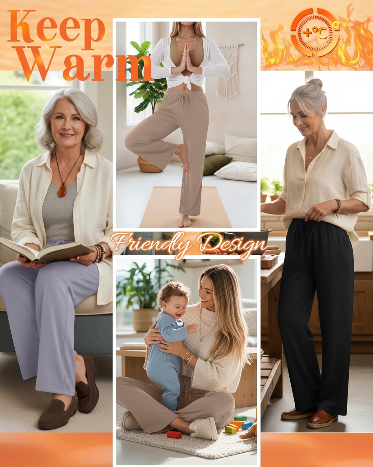 3 Pack Women's Fleece Sweatpants Thermal Wide Leg Straight Drawstring Pants Warm Open Bottoms with Pockets - Image 4